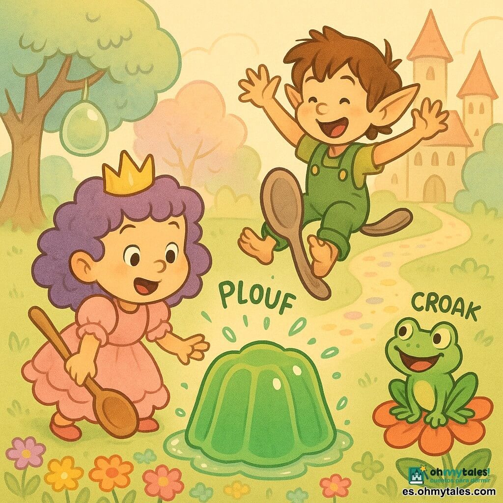 La princesa Lila, niña sonriente y asombrada de cabello violeta rizado, rostro redondo, vestido rosa de volantes y corona dorada, sostiene una cuchara de madera y apunta a una grande gelatina verde caída; Tomás el duende, chico de unos 6 años, pequeño, pelo castaño despeinado, orejas puntiagudas y peto verde, salta sobre una gran cuchara como si fuera un caballo junto a la princesa con las manos en alto y gesto travieso; una gran rana verde brillante con ojos redondos está sentada en una flor roja a la derecha mirando la gelatina y croando alegre; jardín del castillo colorido y fantasioso con césped suave, camino de flores multicolores, árboles de hojas pastel y un árbol grande del que cuelga una gelatina translúcida; situación: acaban de atrapar la gelatina mágica que hizo "plouf", ligeramente rebotante con salpicaduras brillantes, ambiente alegre y lúdico, colores vivos y contornos suaves, composición centrada en personajes y gelatina.