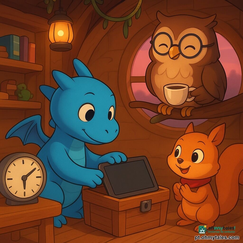 Um pequeno dragão azul chamado Lila, de escamas brilhantes e asas curtas, fecha delicadamente um tablet com uma pata e o guarda em um baú de madeira; ao seu lado, Pipo, um esquilo-voador ruivo com lenço vermelho, bate palmas flutuando, e Dona Coruja, uma grande coruja de óculos, sorve chá numa rama acima; sobre uma mesa de madeira há um despertador de papel com fatias coloridas (brincar, ler, sair) apontando para “pausa”. A cena ocorre no interior aconchegante de uma casa-árvore ao crepúsculo, com prateleiras, lanternas douradas e uma janela arredondada com céu rosa — momento caloroso que incentiva desligar a tela para aproveitar o mundo real.