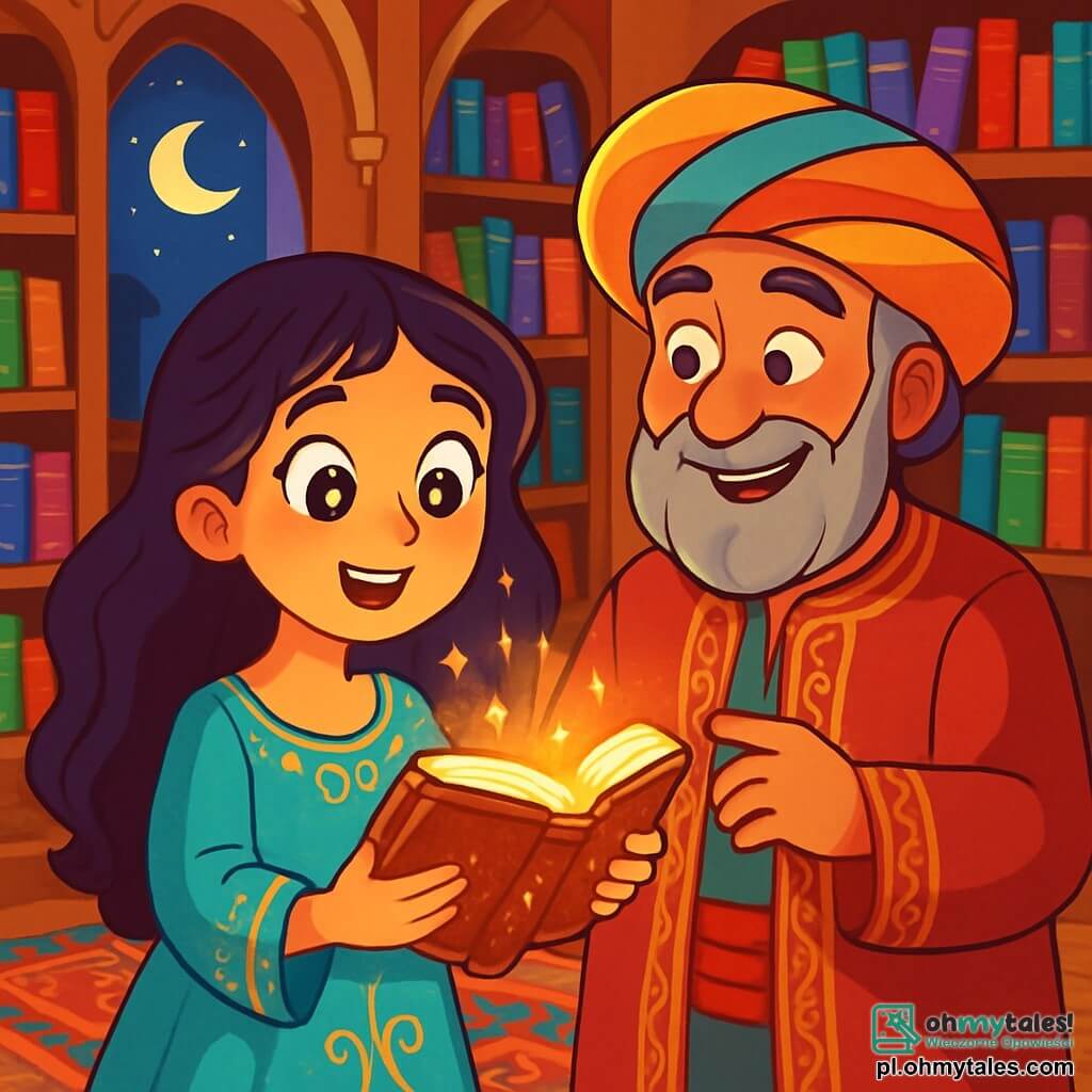 Młoda kobieta o imieniu Lila, z oczami błyszczącymi jak gwiazdy i długimi falującymi włosami, stoi w centrum magicznej biblioteki. Ma na sobie zwiewną turkusową suknię ozdobioną złotymi wzorami, a jej twarz wyraża zdumienie i ciekawość. W ręku trzyma starą książkę, która lśni złotym światłem. Obok niej stoi starszy mężczyzna, Aziz, mądry kupiec, z siwą brodą i figlarnymi oczami. Ma na sobie kolorowy turban i bogato haftowaną tunikę. Uśmiecha się życzliwie, obserwując Lilę z dumą. Biblioteka jest ogromna, z rzeźbionymi drewnianymi półkami wypełnionymi książkami o błyszczących okładkach. Duże okna wpuszczają światło księżyca, oświetlając pokój miękkim, tajemniczym blaskiem. Na podłodze leżą perskie dywany o żywych wzorach, co dodaje magicznej atmosfery. Główna scena pokazuje Lilę odkrywającą lśniącą książkę, podczas gdy Aziz wyjaśnia jej znaczenie wiedzy i opowieści. Zafascynowana Lila jest gotowa zanurzyć się w czekającą ją przygodę.