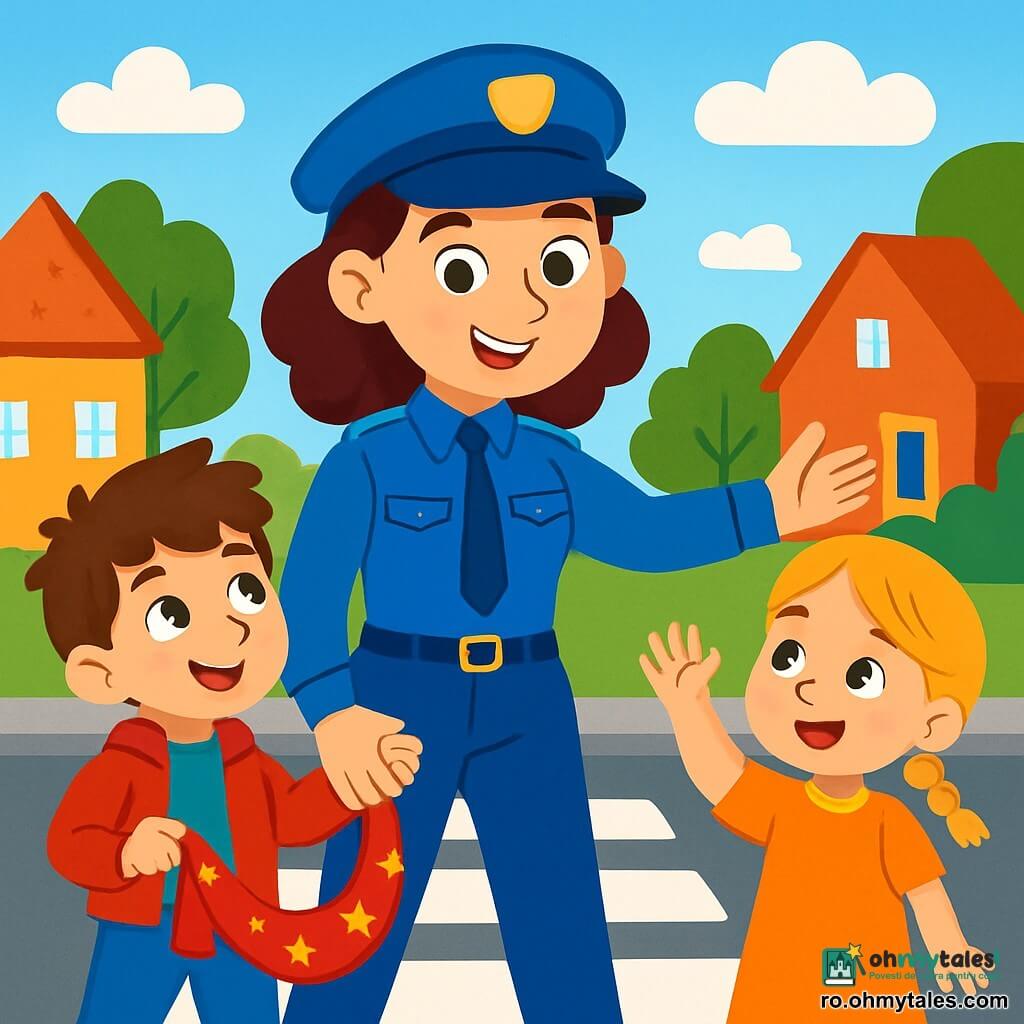 O tânără polițistă, Mara, zâmbitoare și plină de determinare, poartă o uniformă albastră strălucitoare cu o șapcă asortată. Ochii ei strălucesc de bunătate în timp ce îi ajută pe copii să traverseze strada. Lângă ea, un băiat pe nume Matei, în vârstă de 7 ani, cu părul brun zburlit și o jachetă roșie, o privește cu admirație ținând în mână o eșarfă roșie cu stele. Puțin mai departe, o fetiță de aproximativ 5 ani, cu părul blond împletit, ridică mâna pentru a pune o întrebare, fața ei radiază de curiozitate. Scena se desfășoară pe o stradă animată dintr-un sat pitoresc, marginit de case colorate și copaci mari cu frunze verzi, sub un cer albastru deschis presărat cu nori albi pufoși. Mara, cu un aer liniștitor, le explică copiilor importanța siguranței rutiere, în timp ce Matei își arată cu mândrie eșarfa găsită, creând o atmosferă veselă și educativă.