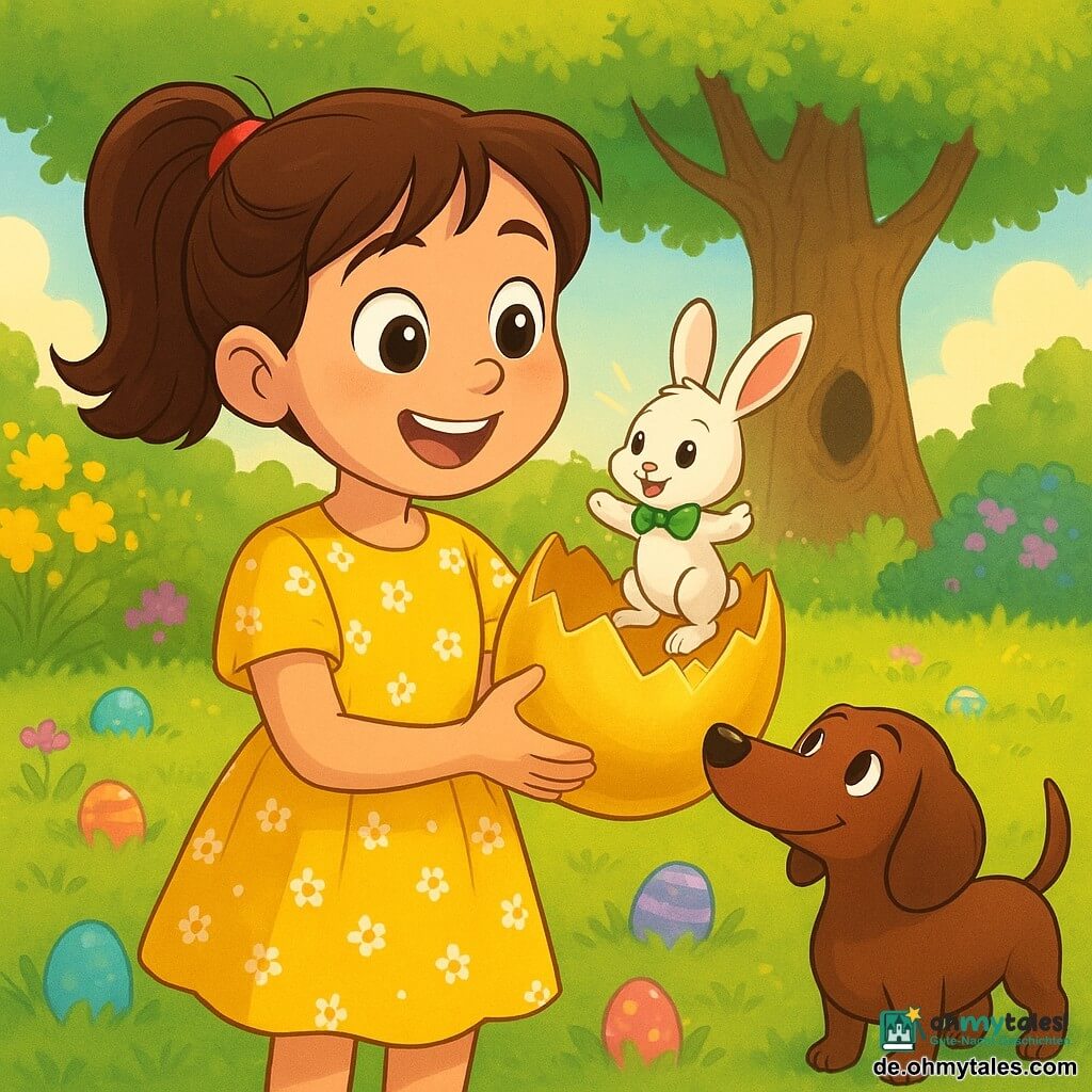 Mia, ein strahlendes, achtjähriges Mädchen mit braunem Pferdeschwanz und großen glänzenden Augen in einem gelben Kleid mit kleinen Blumen, hält vorsichtig ein sich öffnendes großes goldenes Ei; daraus springt der winzige magische Hase Felix, handgroß, cremeweißes Fell und grüner Fliege, sitzt auf ihrer Handfläche und blickt schelmisch; neben ihr steht der erwachsene Dackel Bello, schokoladenbrauner langer Körper, wedelnder Schwanz und neugierige Schnauze, nahe ihrem linken Fuß; im Hintergrund ein sonniger Frühlingsgarten mit kurzem Rasen, gelben und violetten Blütensträuchern, einer großen Eiche mit dunkler Öffnung im Stamm und bunten Eiern im Gras; die Szene zeigt den magischen Moment des sich öffnenden goldenen Eies, fröhliche Mienen, kräftige Farben und warme, funkelnde Augen.