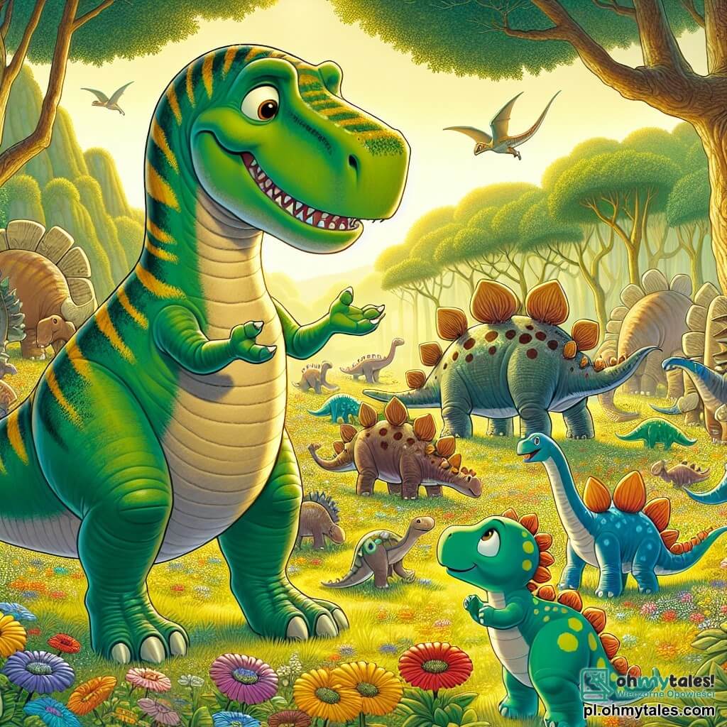 Tyrannosaurus Rex o imieniu Trix, z zieloną skórą w żółte paski, łagodnymi oczami i dużym uśmiechem, stoi na środku sceny, podnosząc przednie łapy, jakby witał swoich przyjaciół. Obok niego mały stegozaur o imieniu Stegi, z kolorowymi płytkami na plecach i ciekawym wyrazem twarzy, z podziwem patrzy na Trixa. W tle grupa różnych dinozaurów, takich jak triceratopsy i pterodaktyle, radośnie pracuje, budując schronienia i przygotowując się na przybycie nowego towarzysza. Tło to bujna dolina, wypełniona jaskrawymi kwiatami, dużymi drzewami o grubych pniach i złotym światłem filtrującym przez liście. Główna sytuacja pokazuje Trixa i jego przyjaciół zjednoczonych, gotowych przyjąć nowego dinozaura do swojej rodziny, symbolizując przyjaźń i solidarność.