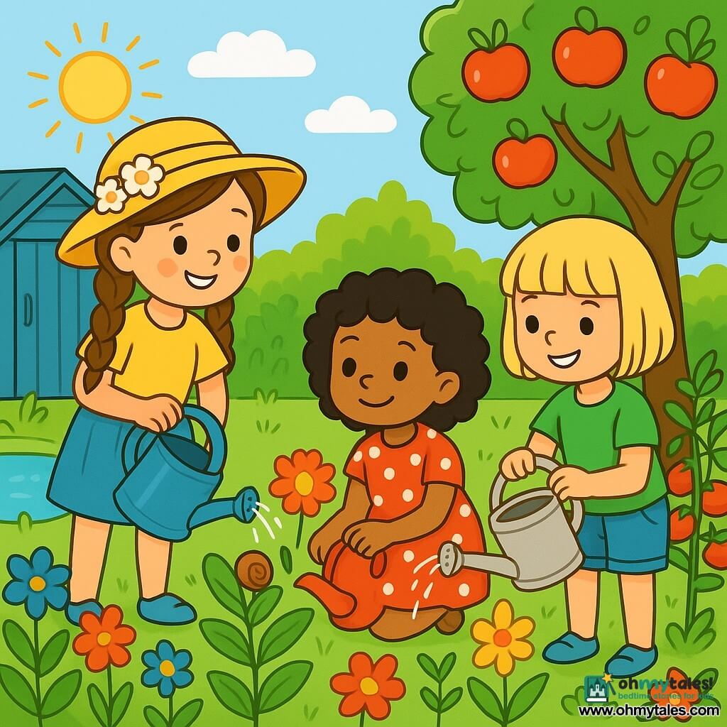 There are three characters: Mia, a 5-year-old girl with long braided brown hair, wearing a yellow hat adorned with white flowers, standing next to a blue bucket, smiling and ready to water the plants; Noor, a 5-year-old girl with curly black hair, wearing a red dress with white polka dots, crouched down holding a small red watering can, curiously looking at a flower; and Lila, a 5-year-old girl with a bob haircut, wearing a green t-shirt and denim shorts, standing next to Mia, pouring water from a watering can onto a plant. The scene takes place in a sunny garden filled with colorful flowers, green tomatoes hidden among the leaves, and a large apple tree heavy with fruit. The ground is covered with soft green grass, and a small water basin is next to a blue-painted wooden shed. The main situation shows the three girls carefully watering the plants, laughing and having fun while discovering a shiny little snail on a leaf. Their faces are lit by the sun, and the atmosphere is joyful and lively.