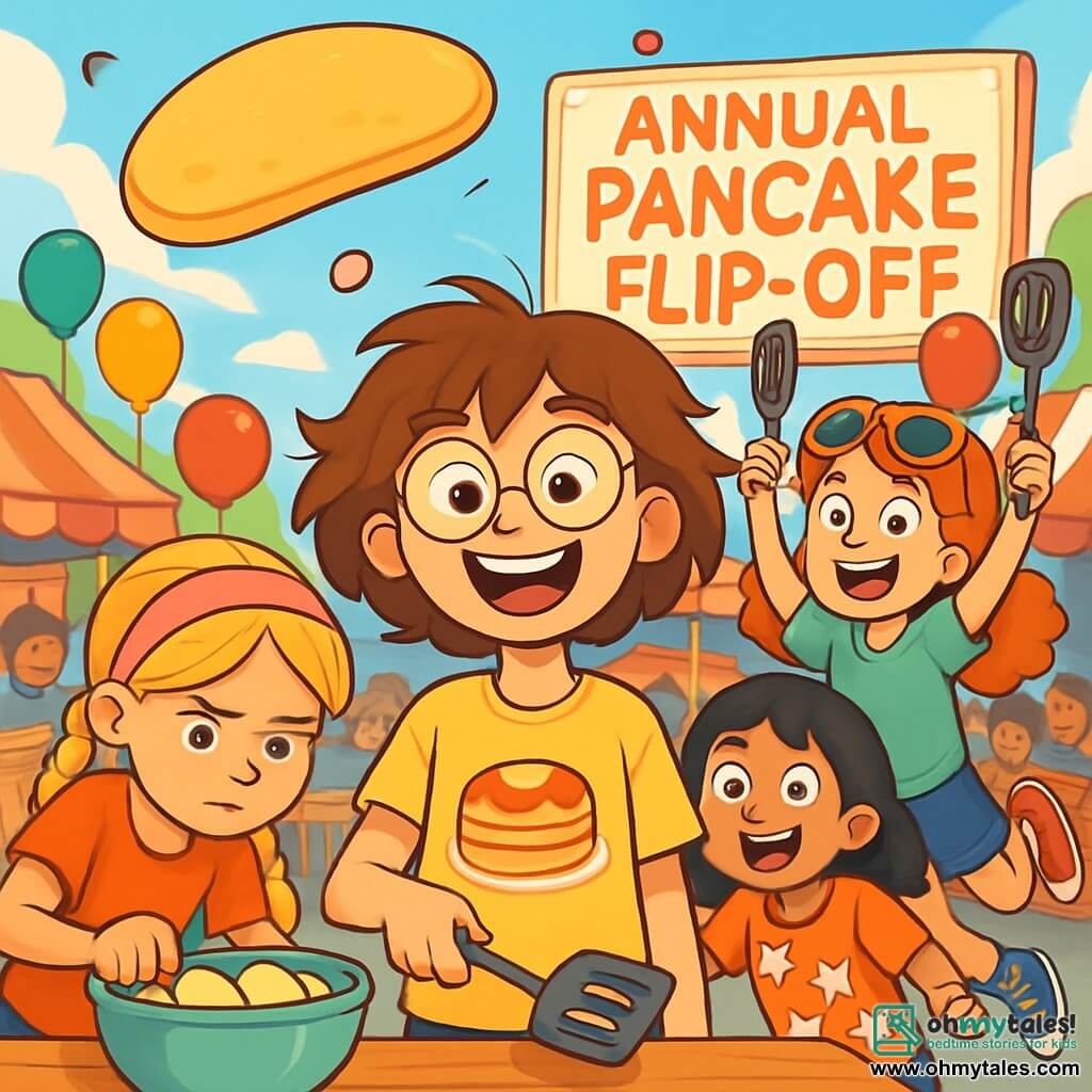 There are 4 children: - Mia: Girl, 12 years old, with messy brown hair and round glasses. She is in the center, holding a spatula with a big smile while wearing a yellow t-shirt with a pancake design. - Zoe: Girl, 12 years old, with braided blonde hair and a pink headband. She is to the left of Mia, leaning over a bowl of eggs, focused and determined. - Jade: Girl, 12 years old, with curly red hair and sunglasses on her head. She is to the right of Mia, jumping in place with a spatula raised, ready for the big flip. - Ruby: Girl, 12 years old, with black hair and a chicken-patterned t-shirt. She is behind Mia, wearing chicken-patterned socks, looking enthusiastic. The setting is a large, lively square decorated with colorful balloons and wooden tables where spectators gather. In the background, a large illuminated sign reads "Annual Pancake Flip-Off." Food stalls and laughing children add to the festive atmosphere. The main scene shows the four friends preparing to flip a huge pancake that seems to float in the air, while Mia gets ready to turn it with her spatula. The audience is captivated, wide-eyed, eagerly awaiting the moment of the big flip.