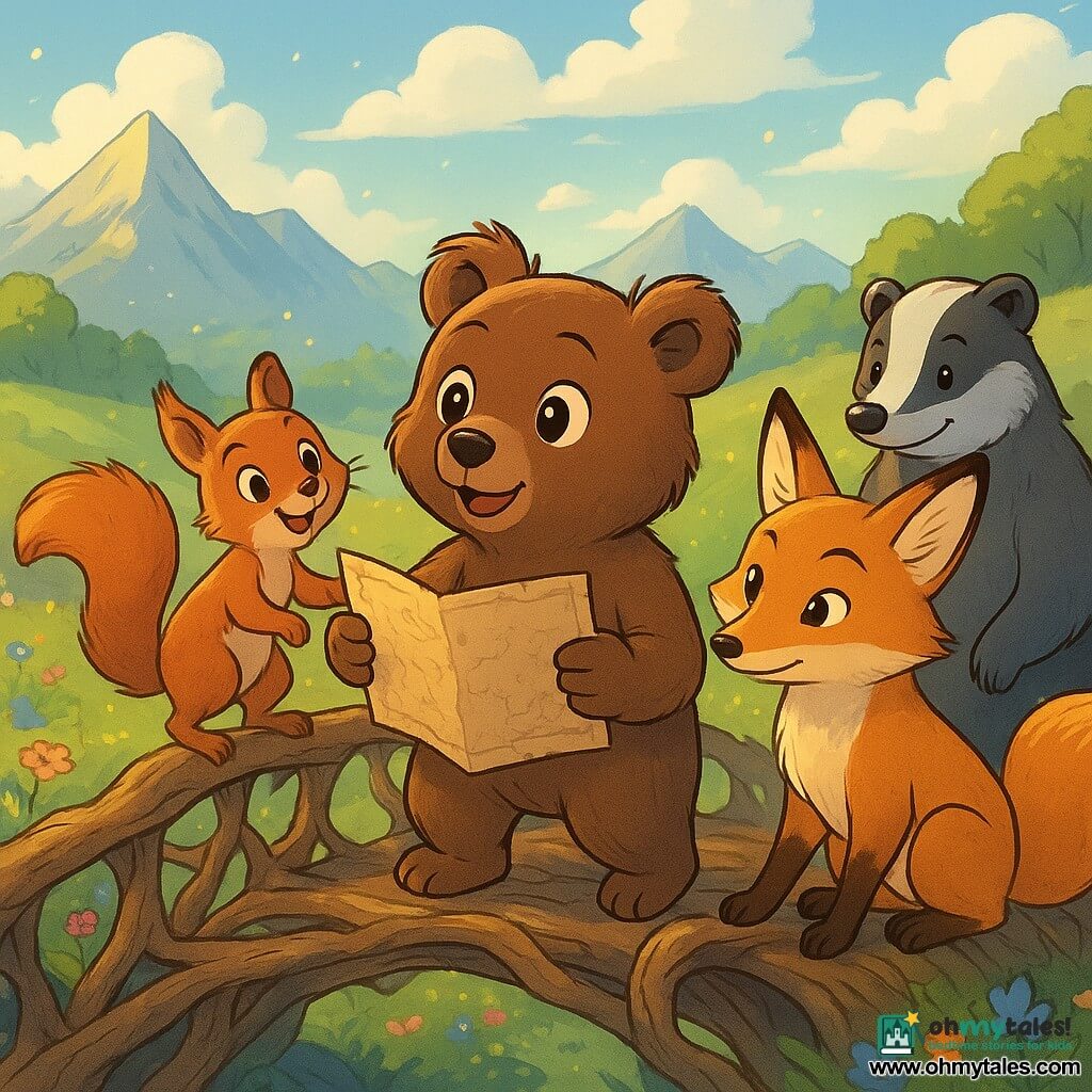 Tully, a small brown bear with sparkling curious eyes, stands at the edge of an ancient bridge made of intertwined roots, his expression both amazed and determined. He holds an old map in his paws, the ink slightly faded, while a gentle breeze ruffles his fur. Beside him, Pip, a playful squirrel with reddish fur and bright eyes, climbs one of the bridge's roots, his face beaming with excitement. Mina, a golden-furred fox, closely examines the map, her gaze focused and curious, while Bram, a friendly gray badger, stands behind them with a slight smile, ready to encourage them. The setting is an enchanted valley bathed in golden light, with colorful flowers dancing in the wind and rolling green hills stretching as far as the eye can see. In the background, majestic mountains rise, their peaks touching a blue sky dotted with fluffy clouds. The main scene shows Tully and his friends on the bridge, ready to cross into a new adventure, with sparkling light around them, symbolizing the excitement and anticipation of what awaits them on the other side.