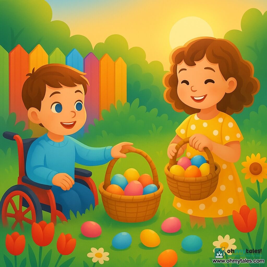 Two children: Lily, about 7, curly light-brown hair, wearing a yellow polka-dot dress, standing at the right smiling and holding a wicker basket of colored eggs; Max, about 8, short brown hair and bright blue eyes, in a sky-blue sweater seated in a red wheelchair to Lily’s left, reaching toward a large Easter basket by a painted fence; spring garden setting with fresh green lawn, red tulip clumps, white daisies and yellow sunflowers, a rainbow-painted wooden fence in the background, low golden sun with soft shadows, multicolored eggs scattered on the grass, joyful atmosphere, vivid saturated colors, smooth gradient textures and warm morning light.