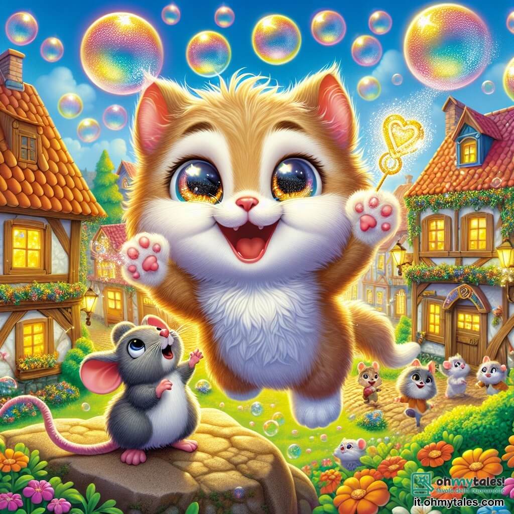 Un gattino dai peli morbidi e setosi, con occhi brillanti come stelle, fluttua felicemente nell'aria, tenendo un ciondolo dorato scintillante tra le zampe anteriori. Ha un ampio sorriso sul volto, esprimendo gioia e curiosità infinita. Vicino, un piccolo topo grigio, con grandi orecchie e un viso timido, osserva il gattino con meraviglia, pronto a saltare per unirsi a lui. La scena si svolge in un villaggio colorato, circondato da verde, con case in legno e fiori danzanti lungo i sentieri. Al centro, una piazza animata è piena di bolle di sapone scintillanti che fluttuano nell'aria, creando un'atmosfera magica. Il gattino usa il ciondolo per far apparire bolle di sapone multicolori che si alzano nel cielo, mentre gli altri animali del villaggio, meravigliati, ridono e cercano di prenderle, creando una scena piena di vita e magia.