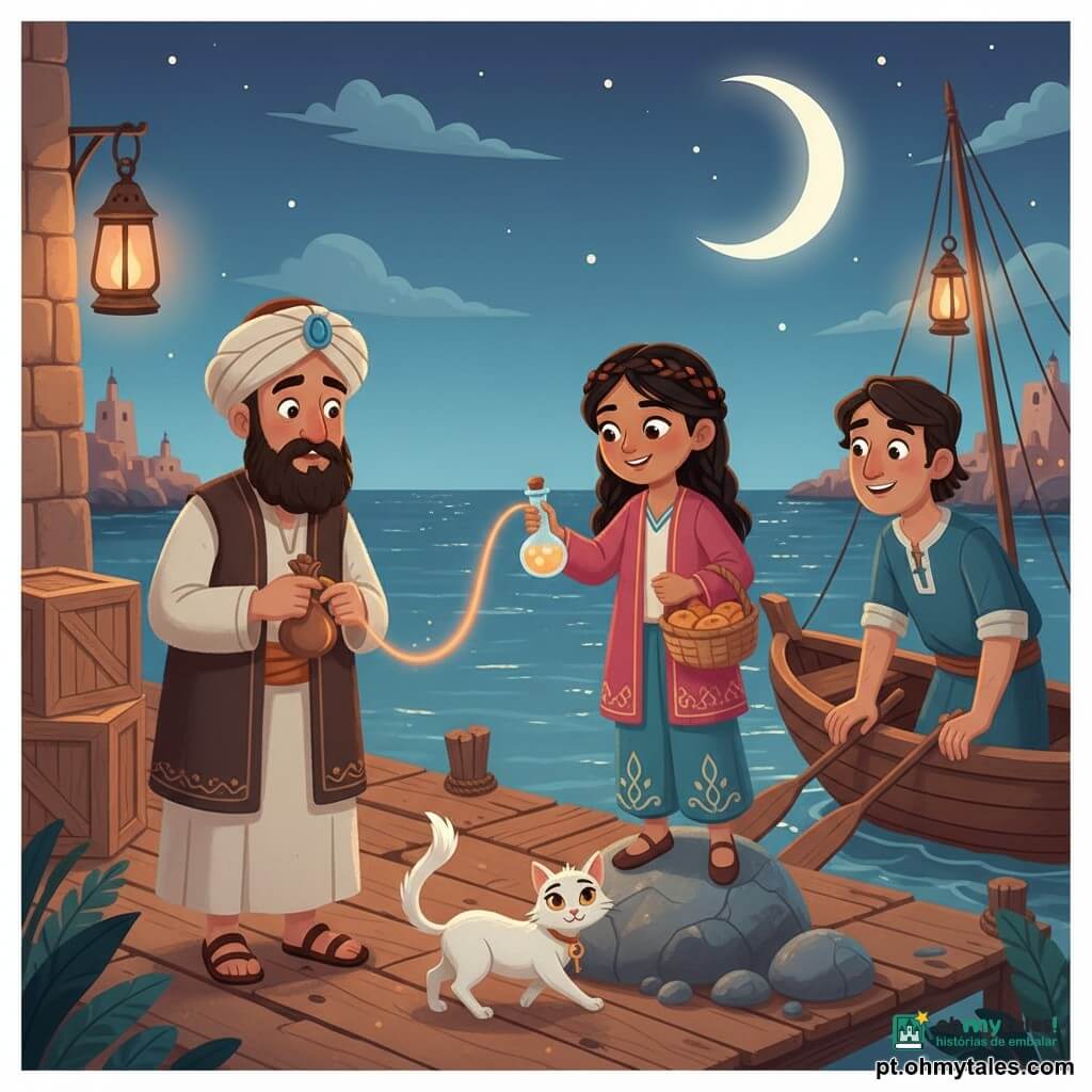 Yasmina, jovem de pele oliva e tranças em coroa, sorri determinada com um cesto de pães e uma pequena garrafa luminosa enquanto está num seixo junto a um cais; o gato branco Zafir, olhos âmbar e cauda longa em fita com um pendente de chave, serpenteia aos seus pés; à esquerda, um mercador de ~45 anos, barba espessa e turbante gasto, segura uma bolsa de cobre junto a caixas; à direita, um marinheiro de ~30 anos, pele marcada e roupas simples, apoia a mão numa corda; cena num porto noturno de tons quentes (cais de madeira, barcos, lanternas de vidro com halos laranja, mar brilhante e céu estrelado com grande crescente à la Mil e Uma Noites), onde Yasmina oferece pão e a garrafa cria uma frágil ponte de luz entre o mercador e o marinheiro, sugerindo reconciliação, sombras suaves, silhuetas nítidas e motivos árabes nos tecidos.