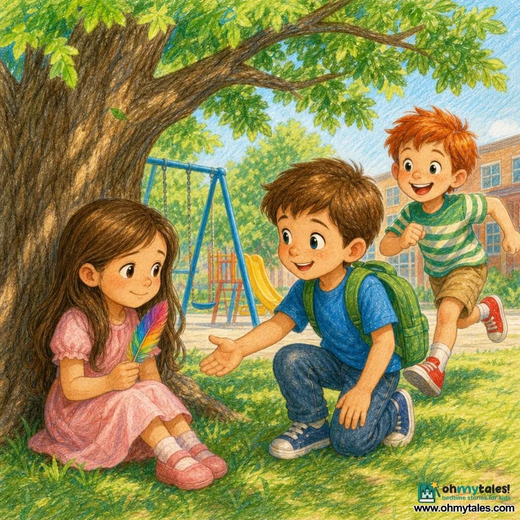 A smiling 6-year-old boy, Ethan, with short brown hair, bright eyes, wearing a blue T-shirt and green backpack, reaches out to invite his friend to play; a shy-then-happy 6-year-old girl, Lily, with long brown hair in a pale pink dress, sits under a large oak holding a colorful feather and looks at him with a half-smile; a lively 6-year-old boy, Sam, with red hair and bright red sneakers, laughs as he runs toward them from the playground a few steps behind Ethan; the sunny schoolyard has the oak, a blue swing, a yellow slide, grassy cushions and soft shadows, and the scene emphasizes the three children close together, warm expressions, bright colors, and an atmosphere of friendship and inclusion.