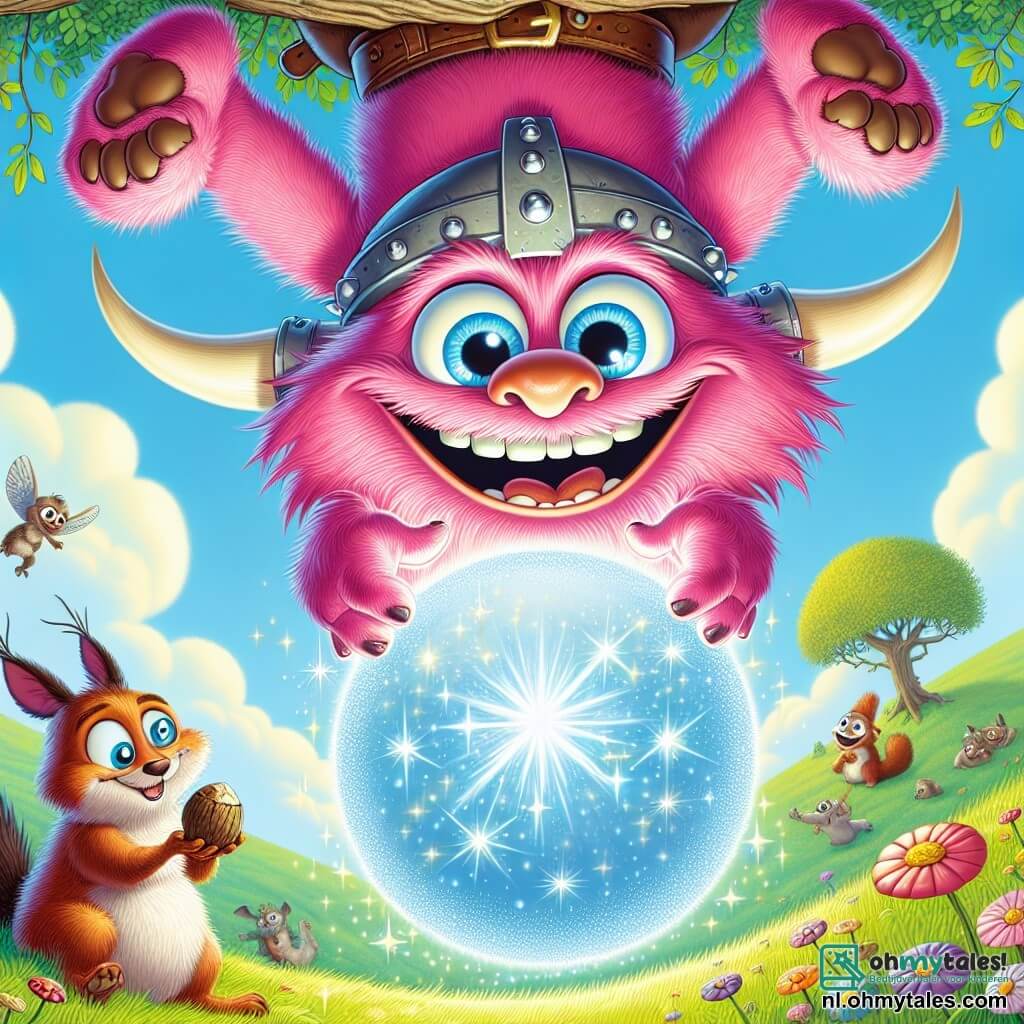 Een Viking met roze vacht, grote ronde ogen en een stralende glimlach hangt ondersteboven aan een grote magische bal die schittert. Hij lijkt zowel verrast als vermaakt, met zijn gebogen poten en staart om de bal gewikkeld. In de buurt kijkt een kleine bruine eekhoorn met ondeugende ogen naar het tafereel met een samenzweerderige glimlach, terwijl ze een hazelnoot vasthoudt. Ze zit op een tak, klaar om haar vriend te helpen. De achtergrond is een groene heuvel vol kleurrijke bloemen onder een stralende blauwe lucht met wolkjes. In de verte verzamelen nieuwsgierige dieren zich rond de scène, wat leven aan de illustratie toevoegt. De hoofdscène toont de Viking die een onverwacht avontuur beleeft, zwevend in de lucht dankzij de magie van de bal, terwijl zijn vrienden hem aanmoedigen en lachen om de grappige situatie.
