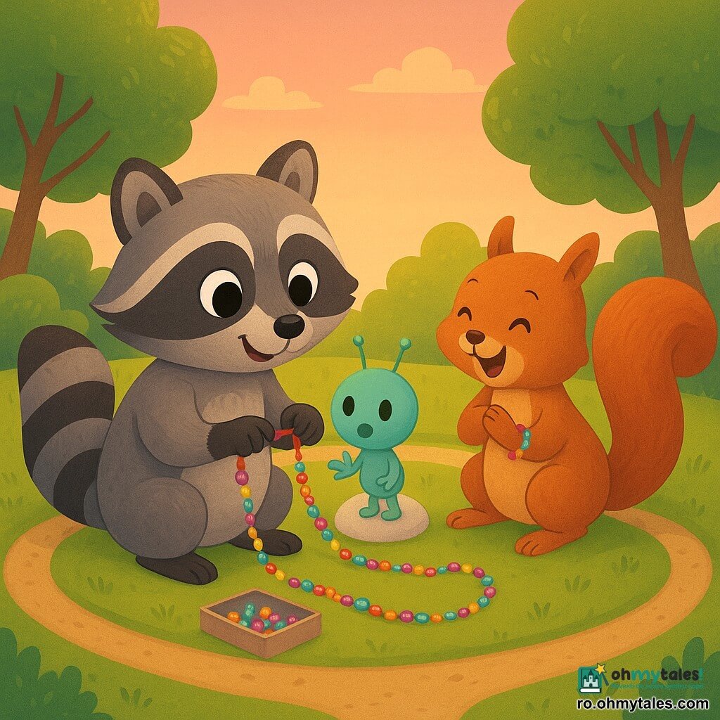 Personajul principal este un racoon artizanal zâmbitor și curios, cu ochi rotunzi sclipitori și blană în dungi gri-negru, ținând o cutiuță cu mărgele strălucitoare și înșirând mărgele-șoptitoare pe o sfoară; un personaj secundar este o veveriță vesele și ghidușă, cu blană roșcată și purtând deja o brățară colorată la încheietură, râzând ușor din dreapta; alt personaj secundar e un extraterestru verde-mentă, mic și rotund, cu două antene moi și patru degete subțiri, cu expresie de uimire, coborând dintr-o navetă mică și strălucitoare aflată în centrul cercului; locul e un cerc perfect de gazon înconjurat de cărări în spirală, iarbă verde moale, o piatră albă netedă în mijloc, câțiva copaci cu frunze translucide și o lumină de amurg roz-portocalie, creând o atmosferă caldă și magică; situația principală arată întâlnirea prietenoasă în cercul tăcut: cei trei se adună pentru a strânge un mare „nod al prieteniei” făcut din mărgele sclipitoare, cu naveta deschisă în spatele extraterestrului, în atmosferă de descoperire și uimire.