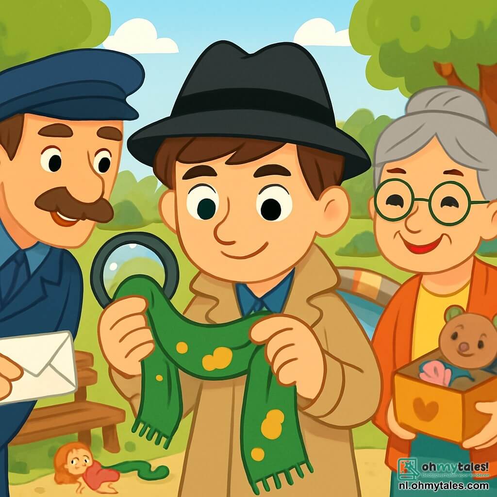 Een detective genaamd Bram staat in het midden van de afbeelding, met een vriendelijke en nieuwsgierige uitstraling, gekleed in een beige trenchcoat en een zwarte hoed. Zijn ogen stralen van opwinding en vastberadenheid terwijl hij een oude groene sjaalslinger met botervlekken onderzoekt. Rechts staat een oudere vrouw, Mevrouw Noor, ongeveer 60 jaar oud, met grijs haar in een knot en ronde bril. Ze glimlacht warm terwijl ze een kleine doos vol herinneringen vasthoudt en Bram met interesse observeert. Links staat een man, Meneer Kees, de postbode, ongeveer 50 jaar oud, met een verzorgde snor en een pet, die zich iets naar voren leunt met een brief in zijn hand, klaar om informatie te delen. De setting is een zonnig park met groene bomen en een oud houten bankje, waar een klein poppetje en een sjaalslinger op de grond liggen. Op de achtergrond is een klein houten bruggetje boven een glinsterende rivier te zien. De hoofdscène toont Bram die aandachtig de sjaalslinger onderzoekt, terwijl Mevrouw Noor en Meneer Kees toekijken, allemaal betrokken in een mysterieuze zoektocht naar een verloren voorwerp.