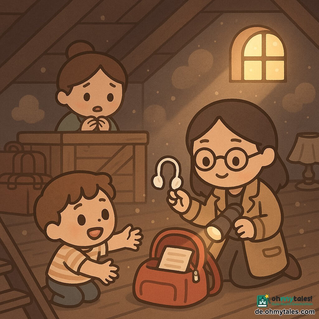Die Protagonistin ist die Detektivin Lise, aufmerksam und lächelnd, mit weichem Gesicht und kleinen runden Brillen, beigem Mantel, aufgeschlagenem Notizbuch in einer Hand und eingeschalteter Taschenlampe in der anderen, kniend neben einem roten Rucksack; eine erwachsene Frau, Frau Bauer, wirkt schüchtern und erleichtert, braune Haare im Dutt, leicht zitternde Hände, steht hinter einer alten Holzkiste auf dem staubigen Dachboden, als hätte sie sich gerade offenbart; ein etwa achtjähriger Junge, Tom, mit fröhlichem Gesicht und leuchtenden Augen, gestreiftem Hemd, steht unten an der Dachbodentreppe und streckt die Hände nach den von Lise gezeigten Kopfhörern aus; der Ort ist ein staubiger Dachboden mit dunklen Holzbalken, kleiner Dachluke, goldenem Sonnenstrahl, alten Koffern, kaputter Lampe und sichtbaren Staubpartikeln; Situation: Lise zeigt sanft die Kopfhörer neben dem offenen roten Rucksack, die Frau gesteht schüchtern, der Junge wartet glücklich unten — warme, tröstliche Atmosphäre, weiche Farben, warmes Licht gegen bläuliche Schatten, scharfe Details wie eine Metallklammer am Rucksack und leuchtende Staubkörner.
