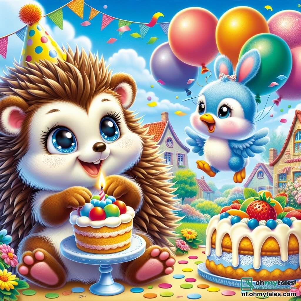 In het midden van de afbeelding glimlacht Eefje, een klein bruin stekelvarken, met sprankelende ogen van vreugde. Ze draagt een kleurrijk feesthoedje en houdt een groot stuk roomtaart vast, omringd door zwevende ballonnen in felle kleuren. Aan haar rechterkant vliegt Vico, een blauwe vogel met schitterende veren, vrolijk zingend met een opgewekte uitdrukking op zijn gezicht. Hij houdt een touw met ballonnen in zijn snavel, die de lucht in stijgen. Aan de linkerkant glimlacht Kaatje, een schattig wit konijn met grote oren, terwijl ze een mooie taart versierd met fruit vasthoudt, klaar om gedeeld te worden. De achtergrond toont een charmant dorp met kleurrijke huizen, stralende bloemen en een blauwe lucht vol donzige wolken. Op de grond liggen kleurrijke confetti, wat bijdraagt aan de feestelijke sfeer. De hoofdscène toont Eefje omringd door haar vrienden, die samen haar verjaardag vieren met lachen, muziek en lekkernijen, waardoor een sfeer van vreugde en saamhorigheid ontstaat.