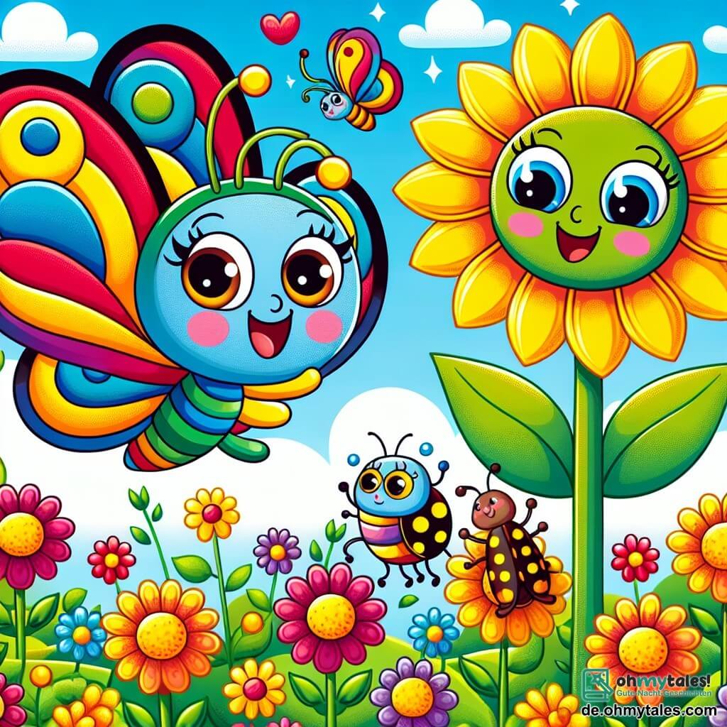 Ein kleiner Schmetterling namens Lila, mit bunten Flügeln in Rot, Blau, Gelb und Grün, fliegt fröhlich über einen blühenden Garten. Sie hat ein großes Lächeln im Gesicht, das Freude und Staunen ausdrückt. Neben ihr neigt sich eine große Sonnenblume mit leuchtend gelben Blütenblättern und einem lächelnden Gesicht leicht zu Lila und zeigt ihre Freude, ihre Freundin willkommen zu heißen. Ein kleiner grün-brauner Käfer mit funkelnden, neugierigen Augen klettert auf ein nahegelegenes Blatt und schaut Lila bewundernd und begeistert an. Der Garten ist mit bunten Blumen, tanzenden Schmetterlingen und grünen Bäumen unter einem klaren blauen Himmel gefüllt, was eine fröhliche und einladende Atmosphäre schafft. Die Hauptsituation zeigt Lila und ihre Freunde, die die Vielfalt im Garten feiern, alle zusammen in einem fröhlichen Tanz, der ihre Farben und Unterschiede betont und Harmonie und Freundschaft symbolisiert.