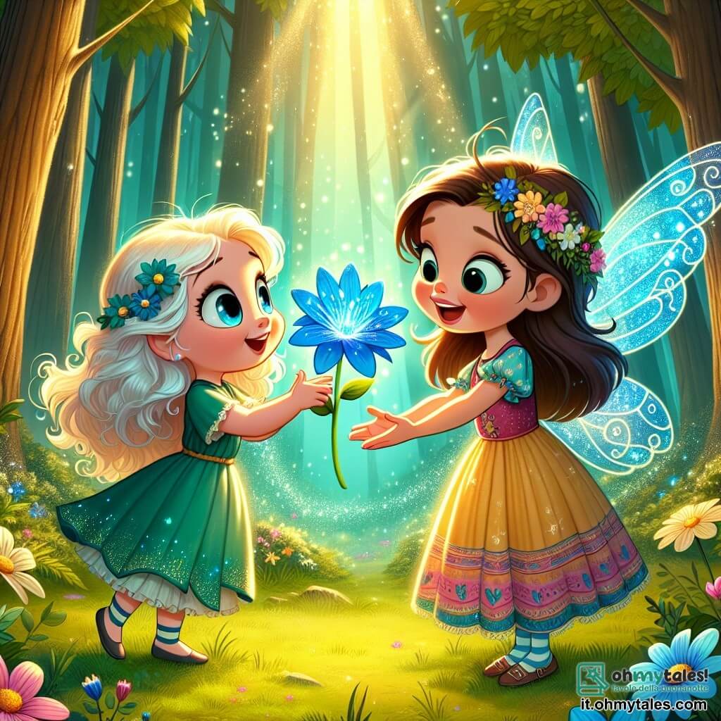 Una piccola fata di nome Lilla, con ali scintillanti e capelli ondulati di un blu brillante, sorride gioiosamente mentre porge un fiore azzurro a una bambina. Lilla è circondata da luci scintillanti e fiori colorati, e il suo volto esprime felicità e magia. Clara, una bambina di circa 8 anni, con occhi curiosi e capelli castani ondulati, guarda il fiore con meraviglia. Indossa un vestito colorato e si trova vicino a Lilla, con le mani aperte, pronta a ricevere il dono magico. La scena si svolge in un bosco incantato, dove alberi alti e verdi si ergono come guardiani e i fiori brillano come stelle nel cielo notturno. La luce del sole filtra attraverso le foglie, creando un'atmosfera magica. La situazione principale mostra Lilla mentre consegna il fiore azzurro a Clara, simboleggiando amicizia e magia, mentre luci scintillanti danzano attorno a loro, rendendo il momento ancora più speciale.