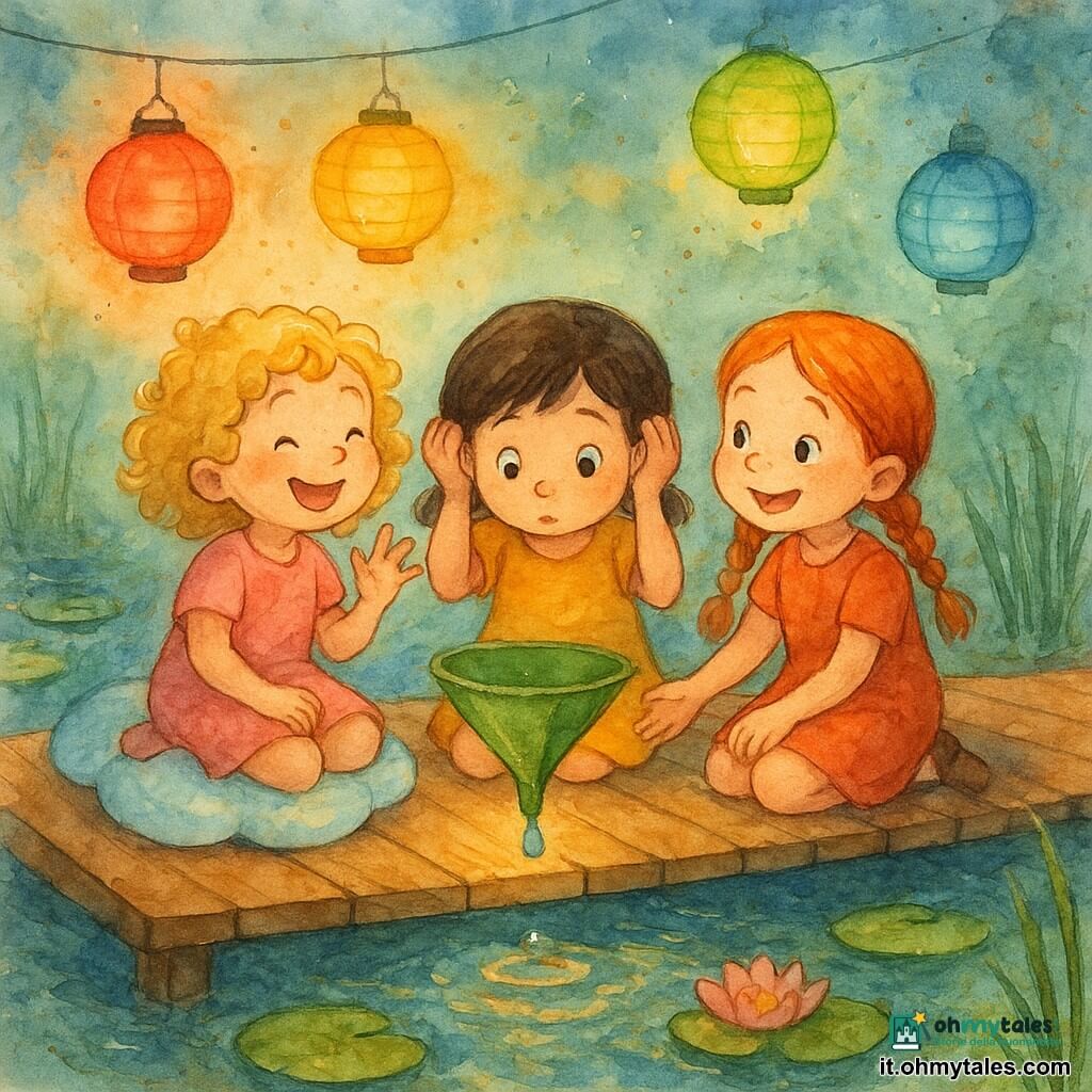 Ci sono 3 personaggi: - Una bambina di nome Lilla, quasi quattro anni, con capelli biondi ricci e un sorriso birichino, alza quattro dita ridendo. È seduta su un cuscino a forma di nuvola, a sinistra. - Una bambina di nome Nena, quasi quattro anni, con capelli castani corti e occhi curiosi, ascolta attentamente con le mani a forma di orecchie giganti. È al centro, concentrata sull'imbuto di foglia. - Una bambina di nome Pina, quasi quattro anni, con capelli rossi intrecciati e lentiggini, guarda la lanterna verde ridendo. È a destra, tenendo la mano di Lilla. Il luogo è un pontile di legno sospeso sopra uno stagno calmo. Lanterne rotonde e colorate, rosse, gialle, verdi e blu, sono sospese sopra, creando un'atmosfera fiabesca. Il pontile è circondato da ninfee e canne che danzano dolcemente al vento. La situazione principale mostra le tre bambine sedute sul pontile, ascoltando una goccia cadere in un imbuto di foglia. Le lanterne brillano dolcemente, illuminando i loro volti meravigliati. L'atmosfera è calma e magica, con riflessi di luce nell'acqua dello stagno.