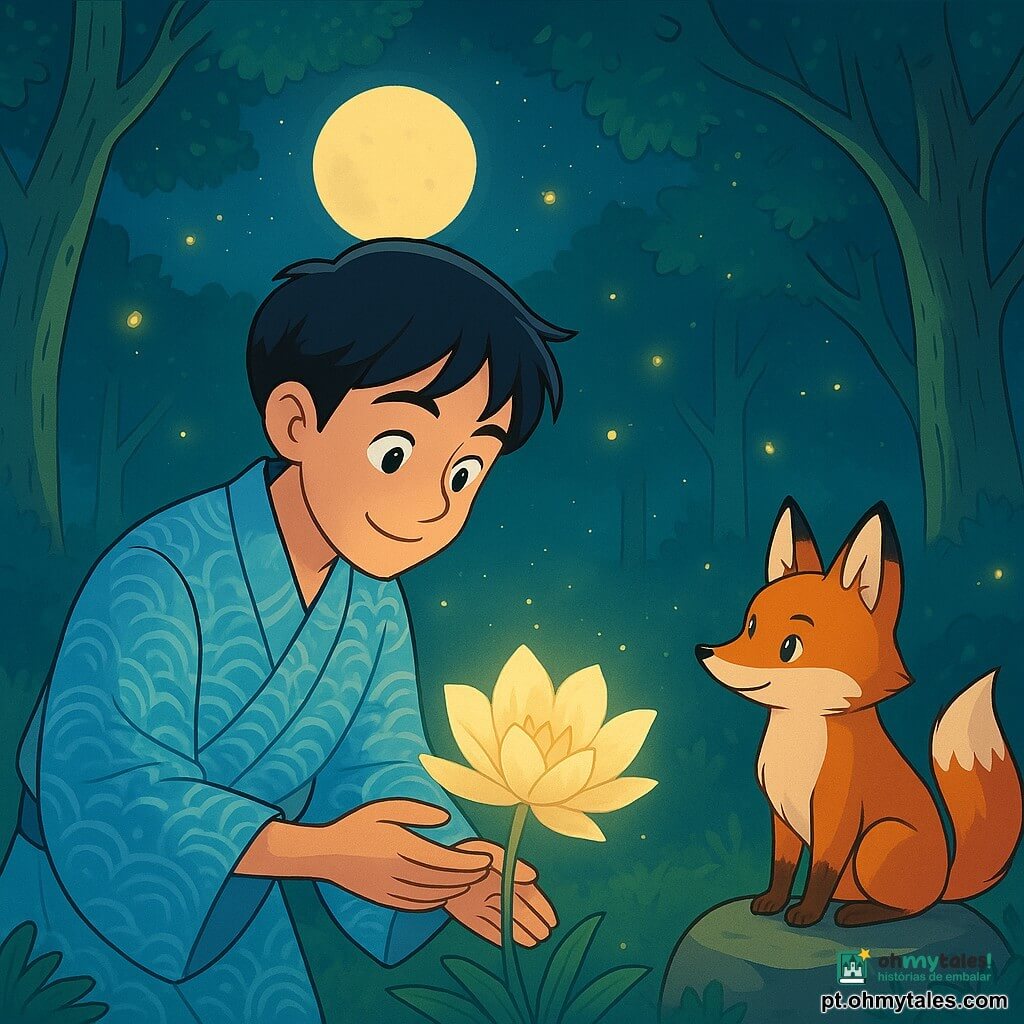 Um homem chamado Kaito, na casa dos trinta anos, está no centro do palco, com olhos brilhantes e um sorriso suave, vestindo um quimono azul claro decorado com padrões de ondas. Ele se inclina respeitosamente para uma linda flor amarelo pálido que se abre lentamente à sua frente, com uma expressão que mistura admiração e serenidade. Ao seu lado, uma raposa de pelagem avermelhada, com uma cauda fofa e olhos travessos, observa a flor com curiosidade, sentada em uma pedra lisa. O cenário é uma clareira encantada, cercada por grandes árvores de troncos retorcidos, cujas folhas brilham sob a luz da lua, criando uma atmosfera mágica. Vaga-lumes dançam ao redor, adicionando toques de luz dourada à noite. A cena principal mostra Kaito descobrindo a flor rara que só se abre à luz da lua, um momento de conexão profunda com a natureza, onde ele aprende a respeitar e apreciar a beleza efêmera da vida.