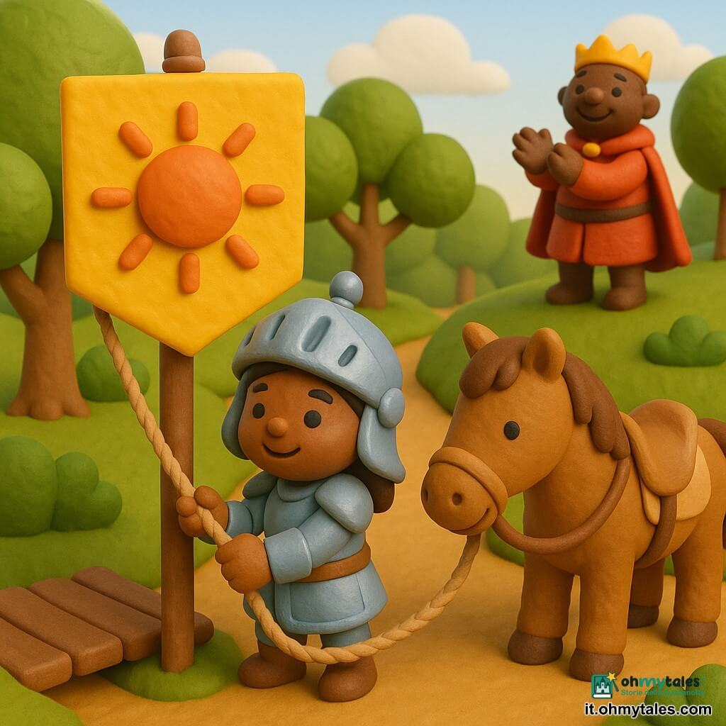 Una giovane cavallerizza sorridente e concentrata, casco lucido e armatura azzurra semplice con dettagli dorati, tira lentamente una corda annodata per calare una grande bandiera solare gialla e arancione; accanto a lei un cavallo maschio di nome Nello dal muso dolce e pelo bruno, sella in pelle chiara, testa abbassata; in lontananza un re di circa 50 anni, corpulento, in rosso con mantello, applaude sulla collina; ambientazione: piccolo bosco con alberi tondeggianti, ponte di assi inclinato, sentiero di terra e collina erbosa con un alto palo e bandierina; scena di coraggio calmo, gesto preciso, luce mattutina e colori caldi con contrasti netti.