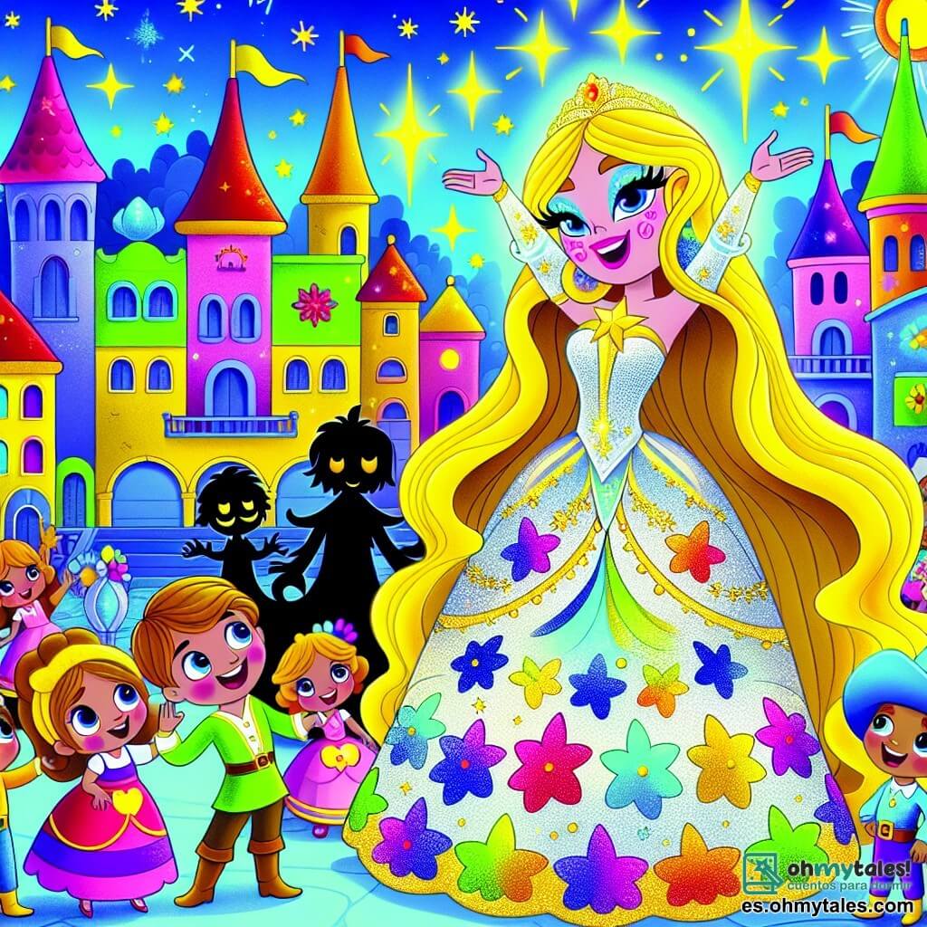 Luz Estrella, una mujer heroica de largos cabellos dorados, se encuentra en el centro de la escena con una gran sonrisa. Su traje colorido está adornado con estrellas doradas que brillan, y sus ojos azules destilan entusiasmo mientras canta alegremente para animar a los habitantes de Colorlandia. A su lado, Cielo, un pequeño pájaro azul, vuela felizmente a su alrededor, añadiendo un toque de magia. Al fondo, un antiguo monstruo de sombras observa a Luz Estrella con curiosidad, dudando en unirse a la fiesta. El entorno es Colorlandia, una ciudad vibrante con edificios divertidos, flores multicolores y niños sonrientes que se reúnen alrededor de Luz Estrella, llenando el aire de risas. La escena principal muestra a Luz Estrella cantando para ahuyentar la tristeza, mientras los habitantes, incluido el monstruo, comienzan a sonreír y a unirse a la celebración.
