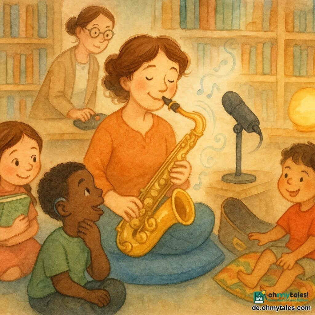 Eine freundliche, lächelnde Musikerin mit sanftem Gesicht und kastanienbraunen Haaren zu einem lockeren Dutt hält ein goldenes, honigglänzendes Saxophon und spielt ruhig, auf einem großen blauen Kissen sitzend; ein etwa siebenjähriger Junge mit grauem Hörgerät steht neben ihr und legt die Hand an den Hals, um die Vibration zu spüren, erstauntes Gesicht und kurze lockige Haare; ein etwa sechsjähriges Mädchen mit braunen Zöpfen sitzt links, ein großes Bilderbuch an die Brust gedrückt, vorgebeugt mit erwartungsvollen Augen und leisem Lächeln; ein etwa fünfjähriger Junge auf einem Kissen rechts wippt mit zappelnden Beinen und tippt mit einem Finger den Rhythmus, schelmischer Ausdruck; die Bibliothekarin, etwa 30, mit zusammengebundenen Haaren und runden Brillen, drückt ein kleines schwarzes Aufnahmegerät mit einem roten Leuchtknopf, im Hintergrund eine warme gelbe Monde-Lampe; die gemütliche Bibliotheksecke zeigt helle Holzregale, bunte Kissen (blau, senf, grün), ein stehendes schwarzes Mikrofon und eine offene Saxophontasche, während eine Podcast-Aufnahme läuft (rote Lampe an) und das Saxophon einen langen Ton in aquarelligen Wirbeln abgibt, die Kinder beteiligen sich unterschiedlich, warme, inklusive Atmosphäre mit sanften Farben und verschwommenen Aquarelltexturen.