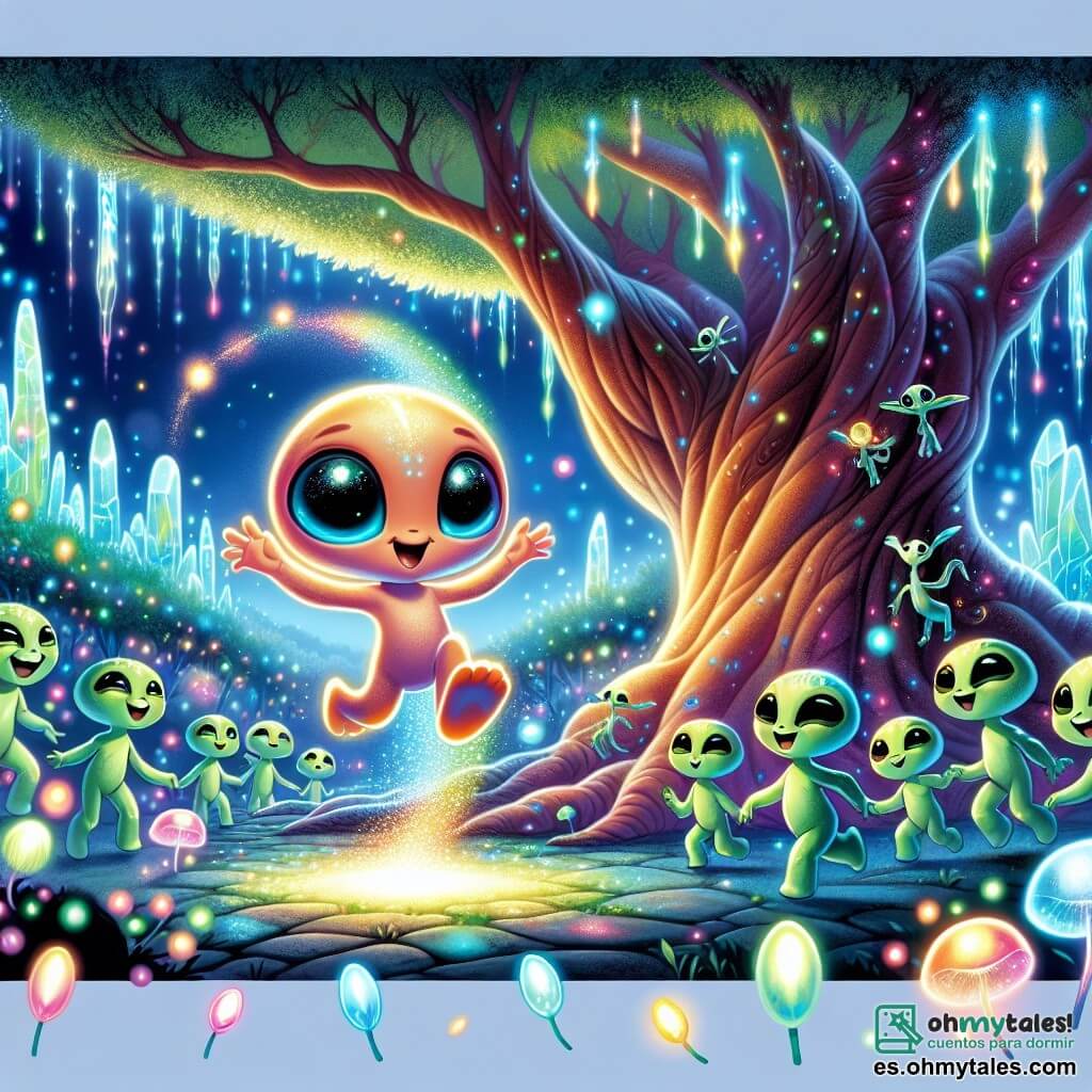 Un pequeño extraterrestre luminoso, del tamaño de un niño, con grandes ojos brillantes y una piel suave que cambia de color, expresa una inmensa alegría saltando en el aire, su cola centelleante dejando un rastro de luz colorida. A su lado, un grupo de criaturas esbeltas, con pieles verdes y turquesas, emiten destellos de luz, mostrando sonrisas cálidas y ojos chispeantes de emoción, mientras bailan alrededor de un árbol antiguo cuyas hojas brillantes cuentan historias. El escenario es un paisaje de ensueño de Zorphenia, con montañas de cristal brillando bajo un cielo vibrante de colores cambiantes, donde burbujas flotantes y flores luminosas añaden un toque mágico. La escena representa el momento en que el extraterrestre y sus nuevos amigos Zorphens celebran su amistad creando un espectáculo de luces y melodías, uniendo sus culturas en una danza alegre.