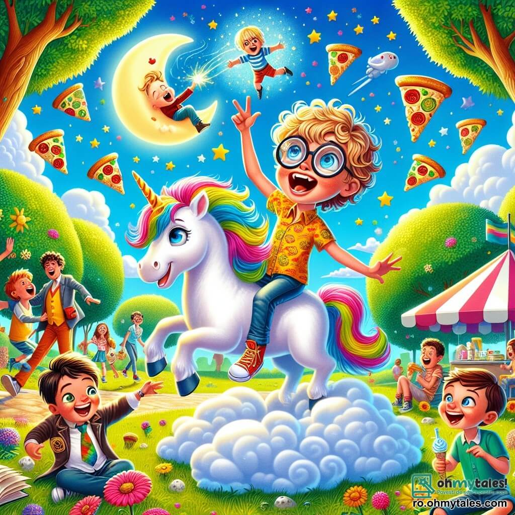 Sunt trei băieți: Doru, un băiat de 10 ani cu părul creț și ochelari rotunzi, stă pe un unicorn din nori, râzând cu poftă. Lângă el, Alex, un băiat de 9 ani cu părul blond și un tricou colorat, face grimase ținând o cutie magică. În sfârșit, Mihai, un băiat de 10 ani cu părul brun și un zâmbet strălucitor, stă pe sol, înconjurat de pizza ciudate care plutesc în jurul lui, cu ochii mari de surpriză. Decorul este un parc însorit, plin de copaci cu frunze verzi strălucitoare, flori colorate și un cer albastru cu nori pufoși. În fundal, se vede un chioșc cu înghețată, cu copii care râd și se joacă. Scena principală îl arată pe Doru pe unicornul său, râzând din toată inima, în timp ce Alex încearcă să facă un hamster în costum să danseze, iar Mihai, uimit, urmărește pizza care se transformă sub ochii săi. Atmosfera este veselă și magică, plină de râsete și culori strălucitoare.