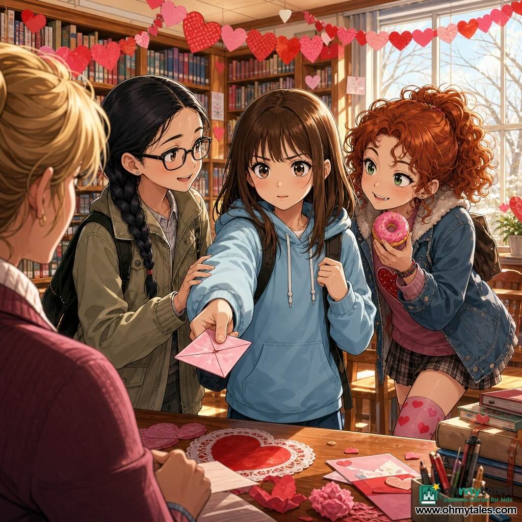 Three 12-year-old girls in a bright school library decorated for Valentine's Day: Mina, center and slightly forward, mid-length brown hair with bangs, sky-blue hoodie, determined gaze, offering a small folded pink note to a teacher; Jules, left of Mina, 12, black hair in a tight braid, rectangular glasses, clean khaki jacket, calm expression, softly speaking to the teacher with her hand on Mina’s arm; Tessa, right of Mina, 12, curly red hair, visible novelty socks, holding a pink-frosted donut and grinning mischievously to lighten the mood, leaning forward. The library has light wood shelves filled with books, an oak table in the foreground, red and pink paper heart garlands, tall windows with warm winter light, and scattered Valentine's cards. The scene is warm and tender, the girls offering the pink note together with gentle, relieved expressions, conveying camaraderie and encouragement amid bright pink, red and sky-blue colors and mixed textures of crumpled paper, polished wood and cozy fabrics.