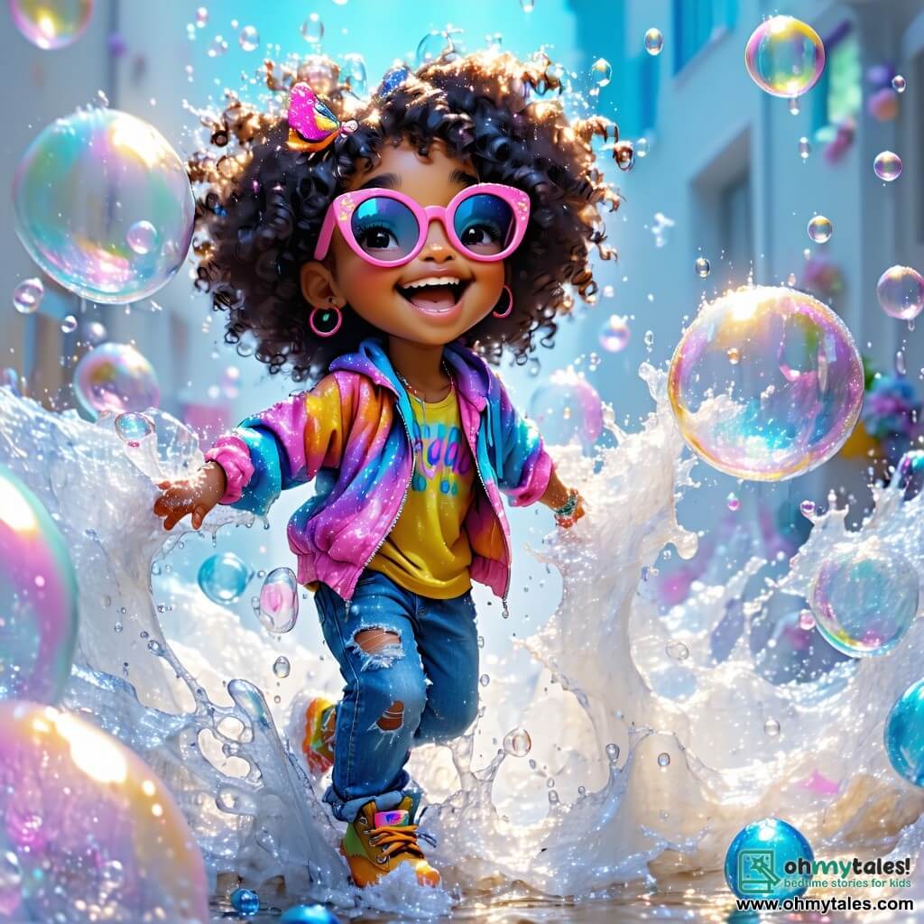 Petunia Puddlefrost, an 11-year-old girl with curly, messy hair, wears a colorful outfit made of mismatched clothing and oversized sunglasses. She has a big smile, overflowing with excitement and determination, as she dances on a giant sheet of bubble wrap, creating bursts of bubbles under her feet. Next to her, Mr. Whiskerbottom, an orange cat with sparkling eyes, perches on her head, adding a touch of mischief to the scene. The setting is an outdoor stage adorned with colorful garlands and floating balloons, surrounded by a joyful crowd that applauds and laughs. The background features trees with shiny green leaves and a bright blue sky dotted with fluffy clouds. The main situation shows Petunia performing her hilarious act, jumping and dancing on the bubble wrap, while bubbles pop around her, creating an atmosphere of joy and lightness, with laughter echoing in the air.