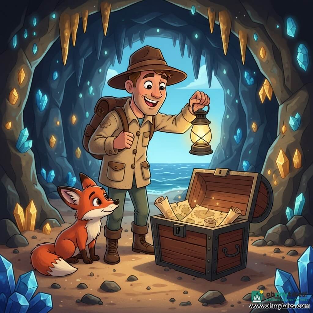 A smiling ~35-year-old explorer in a brown hat and worn jacket holds a lit lantern and gently opens an old wooden chest in a coastal cave; a small curious red fox named Rusty with bright eyes sits beside the chest sniffing a protruding map and looks at the man trustingly; blue and gold crystals and glittering stalactites light the cave, damp sand underfoot and distant waves are visible at the entrance, and the lantern’s warm light reveals old maps and scrolls, creating a magical, intimate moment of discovery.
