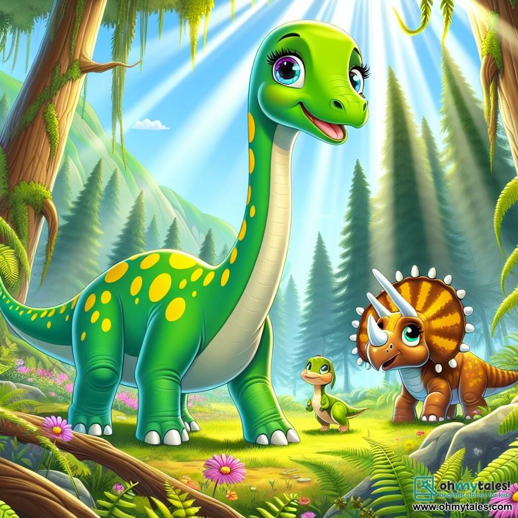 A diplodocus named Daisy, with bright green skin and yellow spots, stands proudly at the center of the scene, her long neck stretching towards the sky. She has sparkling eyes full of curiosity and a wide smile showing her enthusiasm. Beside her, a small triceratops named Toby, with bright orange skin and three white horns, looks on in admiration, his round eyes filled with excitement. A little further away, a young ankylosaurus named Lily, with a brown shell and spines on her back, watches with a worried expression, stuck behind a large tree trunk. The scene takes place in Deep Fern Forest, where large green ferns surround majestic trees with thick trunks, and rays of sunlight pierce through the foliage, illuminating the flower-strewn ground. In the center, Daisy and Toby are preparing to help Lily out of her predicament, while a mysterious glowing jungle heart floats above them, emitting a gentle magical glow.