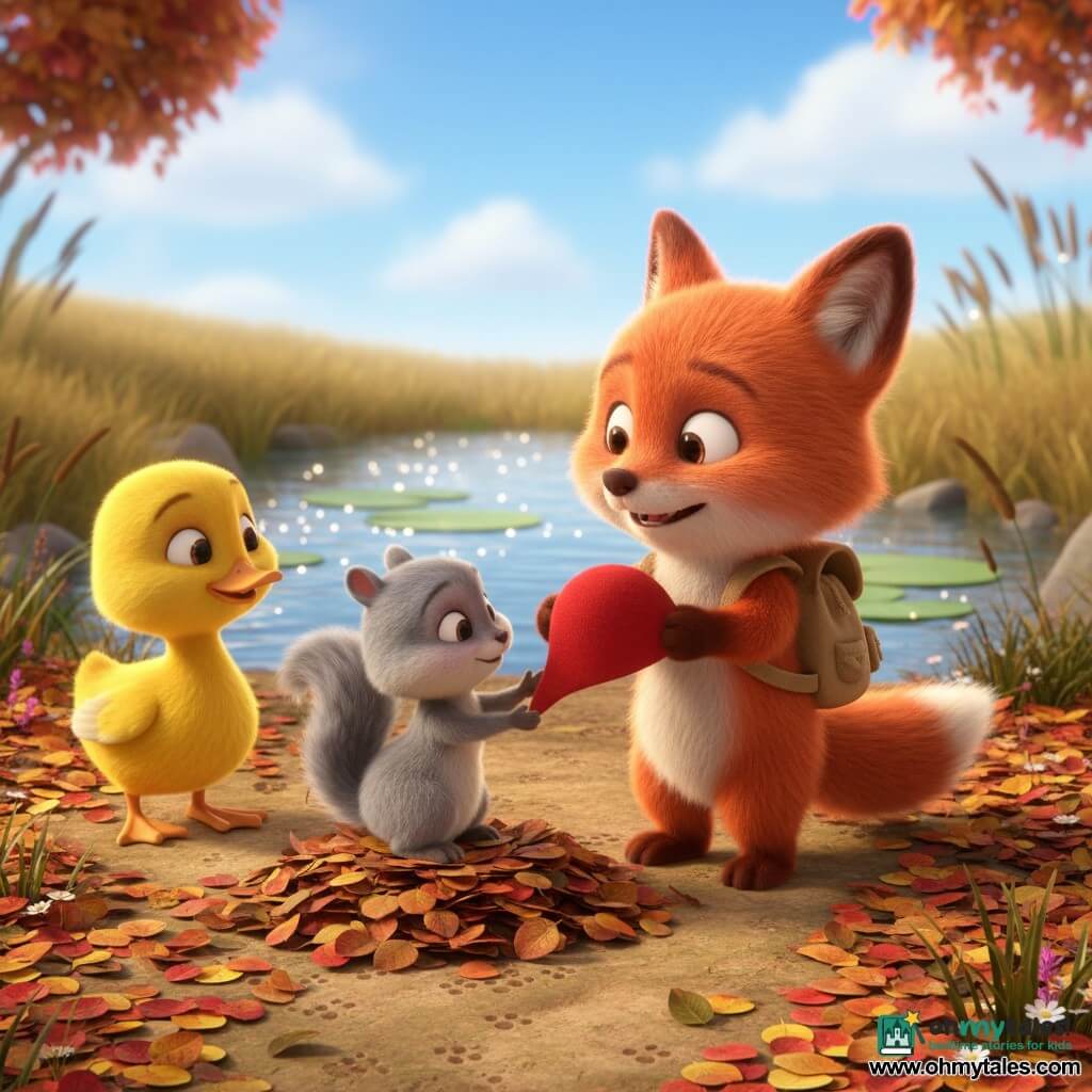 A small red fox with soft fur and round eyes smiles, relieved, holding its red hat between its paws and wearing a beige canvas satchel in a sunlit clearing, facing a shy but happy gray squirrel that offers the hat while sitting on a pile of brown and orange leaves; a curious yellow duck stands by a bright pond to the left; the ground is strewn with autumn leaves and wildflowers, the pond reflects the blue sky and lilies with tall grasses at the edge; warm, bright, peaceful scene with saturated colors, soft textures, and a rounded, childlike 3D style.