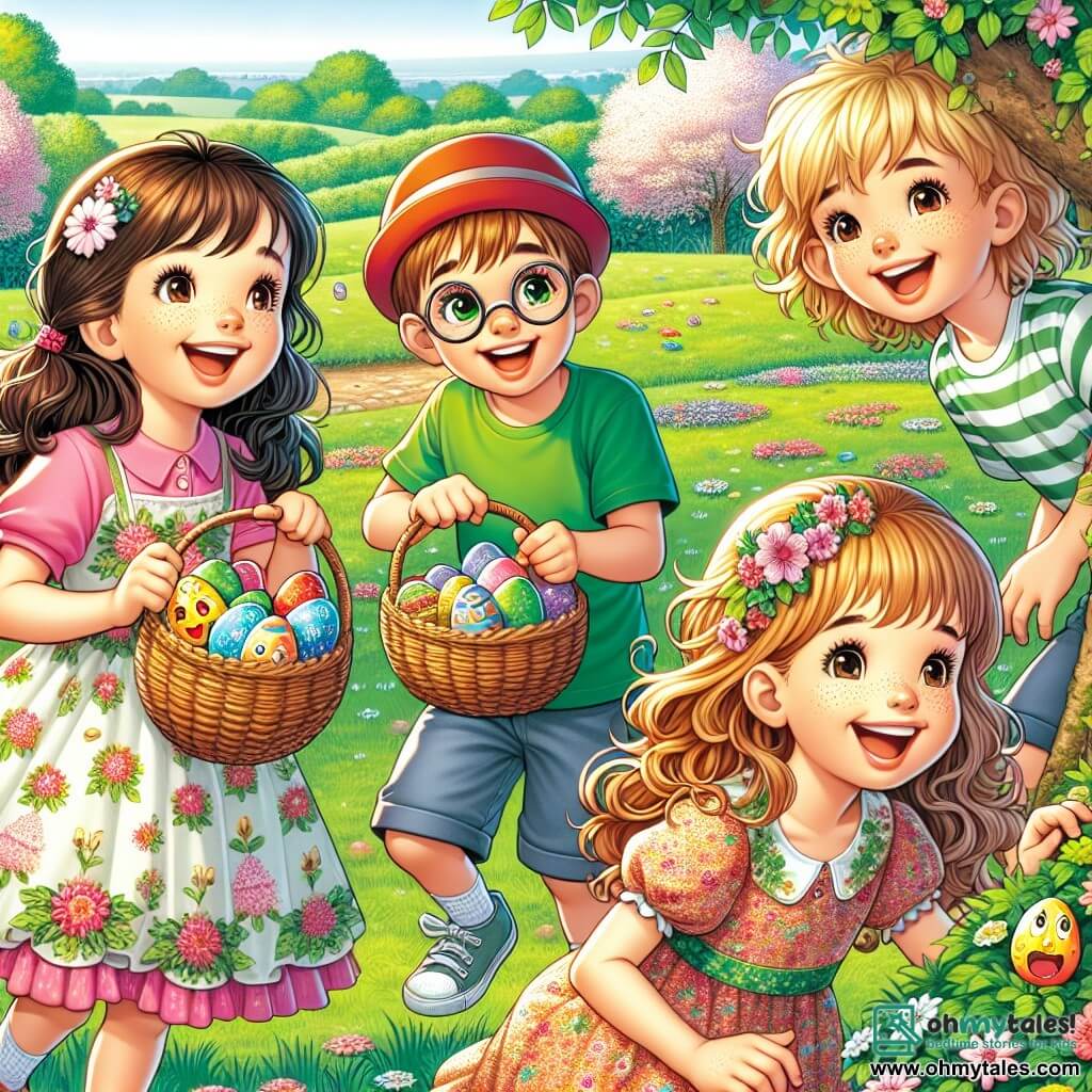 In a green field, four friends are preparing for an Easter egg hunt. Mia, an 8-year-old girl with curly brown hair, wears a colorful flower-adorned dress and holds a wicker basket filled with painted eggs, smiling joyfully. Oliver, a 9-year-old boy with blond hair and round glasses, is crouching, searching for an egg hidden behind a flowering bush, dressed in a green t-shirt and blue shorts. Benny, an 8-year-old boy with brown hair and a red cap, stands laughing and showing off a funny-faced egg he found in the grass. Zoe, a 7-year-old girl with long smooth hair in pigtails, is wearing a pink top and yellow shorts, painting an egg with sparkling stars. The sunny field is filled with colorful flowers and a large tree in the center, its branches heavy with green leaves. Multicolored Easter eggs are scattered in the grass under a bright blue sky dotted with fluffy white clouds. The main scene shows the friends joyfully hunting for eggs, discovering hidden treasures while enjoying the beauty of spring.