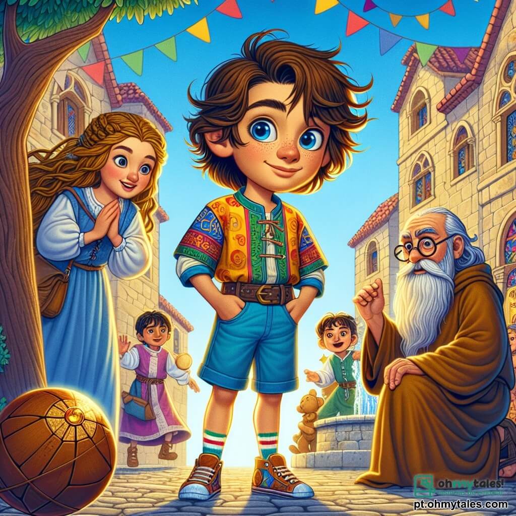 Um garoto de 12 anos, chamado Miguel, está no centro da imagem, com cabelos castanhos bagunçados e olhos brilhantes de curiosidade. Ele usa uma camisa colorida e um short, e seu rosto expressa excitação e admiração ao descobrir um mundo medieval. À sua direita, uma garota da mesma idade, com longas tranças douradas e um vestido de linho azul, sorri calorosamente enquanto segura uma bola de couro, pronta para brincar. À esquerda, um velho sábio com uma longa barba branca e óculos redondos, vestido com uma túnica de monge, observa a cena com um sorriso benevolente, sentado sob um grande carvalho. O cenário é uma charmosa praça medieval, cercada por casas de pedra com telhados de cerâmica vermelha, com bandeiras coloridas flutuando ao vento. Crianças brincam ao redor de uma fonte de mármore, enquanto um céu azul brilhante ilumina a cena. A situação principal mostra Miguel, emergindo de uma luz brilhante, segurando uma pedra preciosa, pronto para unir as crianças do reino para um grande torneio, simbolizando amizade e colaboração.