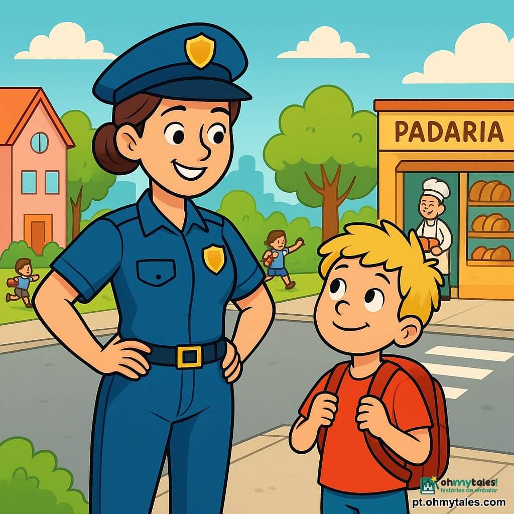 Uma policial sorridente, com cerca de trinta anos, cabelos castanhos presos em um coque, veste um uniforme azul brilhante e um distintivo reluzente. Ela está em pé, com as mãos na cintura, com um olhar determinado e benevolente, pronta para ajudar. Ao lado dela, um menino de 8 anos, com cabelos loiros desgrenhados, segura uma mochila vermelha e observa a policial com admiração, os olhos brilhando de excitação. A cena acontece em uma rua movimentada de um bairro colorido, com casas de fachadas em tons pastel, árvores verdes e crianças brincando na calçada. Ao fundo, um padeiro sorridente tira pães quentes de sua padaria, enquanto uma senhora idosa com um chapéu florido atravessa a rua sorrindo. A policial acaba de receber um chamado urgente para ajudar uma criança perdida e está prestes a sair correndo, determinada a encontrar o menino.