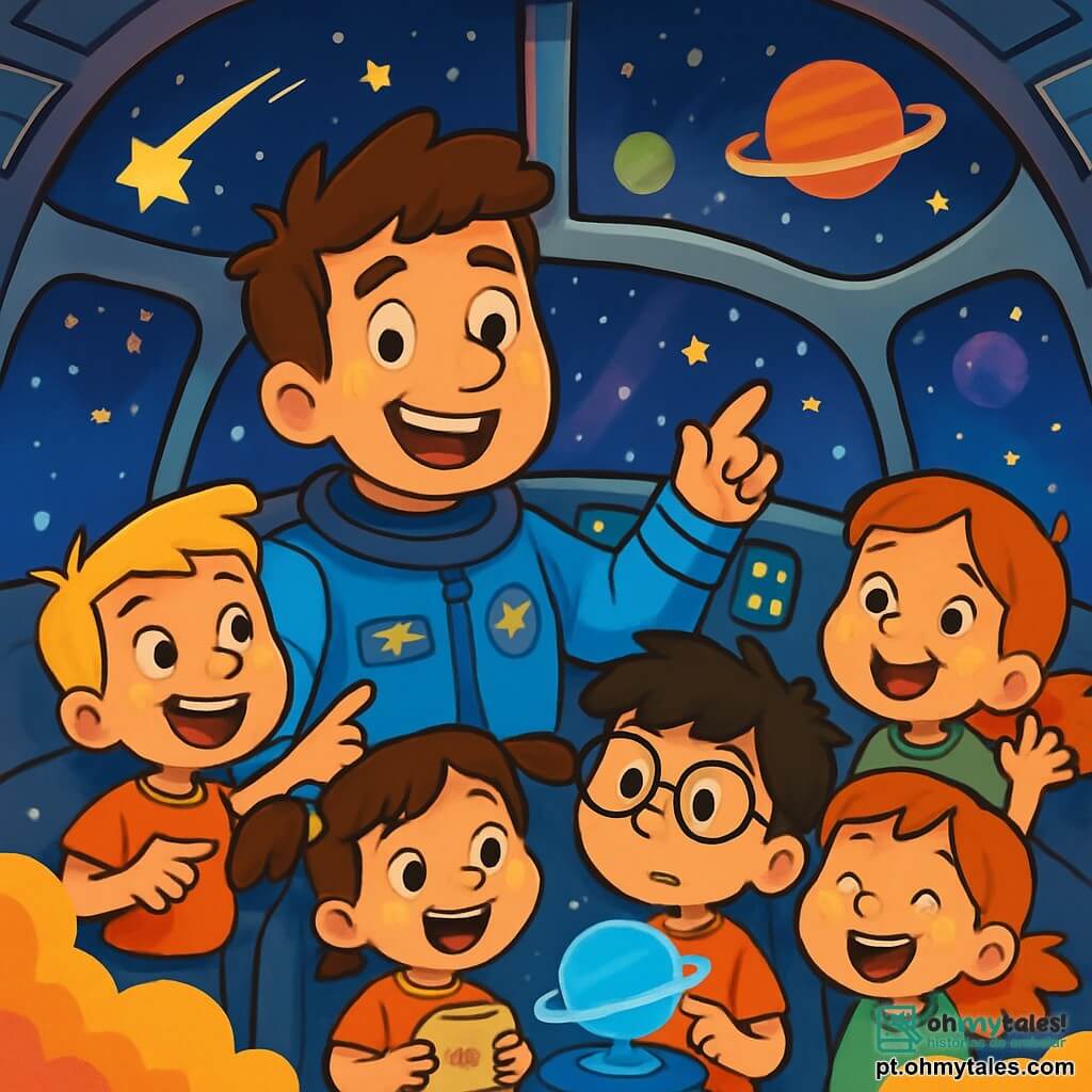 Um homem piloto, chamado João, com cabelos castanhos bagunçados e um grande sorriso entusiasmado, está sentado na cabine de sua nave espacial. Ele veste um traje espacial azul brilhante, adornado com patches coloridos representando estrelas e planetas. Ao seu lado, um grupo de quatro crianças, dois meninos e duas meninas, com idades entre 8 e 10 anos, observa maravilhado através dos janelões. O primeiro menino, com cabelos loiros e olhos brilhantes, aponta para uma estrela cadente. A primeira menina, com tranças castanhas e um sorriso radiante, segura um pequeno caderno para desenhar o que vê. O segundo menino, com óculos e cabelos negros bagunçados, está fascinado por um holograma de planeta que flutua diante dele. A segunda menina, com cabelos ruivos e sardas, pula de alegria, ansiosa para descobrir o espaço. A cena ocorre na cabine da nave, cheia de botões luminosos e telas exibindo mapas estelares. Do lado de fora, um céu estrelado se estende até onde a vista alcança, salpicado de planetas coloridos e nebulosas cintilantes. A situação principal mostra João e as crianças decolando em direção ao infinito, cercados por nuvens de cores vivas, com estrelas brilhantes cintilando ao seu redor.