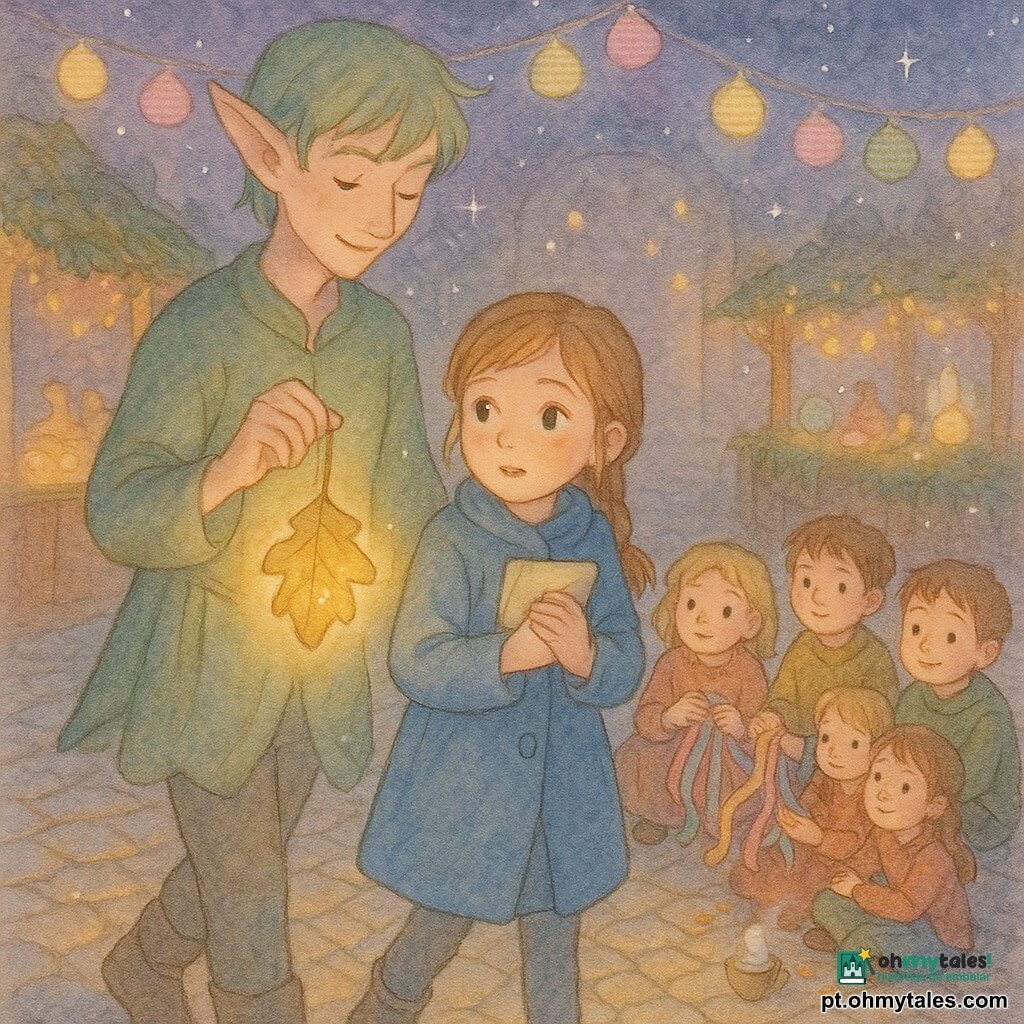 O personagem principal é um elfo masculino de rosto fino, orelhas pontiagudas e cabelos verde-musgo, segurando uma pequena lanterna feita de folha de carvalho que emite luz dourada enquanto caminha calmamente; Lina, uma menina de cerca de 9 anos com trança castanho-claro e sobretudo azul-pó, olha aliviada para a lanterna e aperta um pequeno pergaminho dobrado contra o peito ao lado do elfo; alguns filhos humanos sentam-se em semicírculo junto a um poço espelhado compartilhando fitas coloridas, maravilhados; o cenário é um mercado noturno feérico com ruas de paralelepípedos brilhantes, lanternas de papel em tons pastéis, barracas de madeira cobertas de musgo luminoso e uma fonte espelhada refletindo bolhas prateadas; a cena principal mostra o elfo guiando Lina para fora da praça depois que ela escolheu um azul pálido, com luz suave, sombras longas e atmosfera calma e acolhedora, vapor de chá, migalhas de pão partilhado e pequenas estrelas flutuantes.