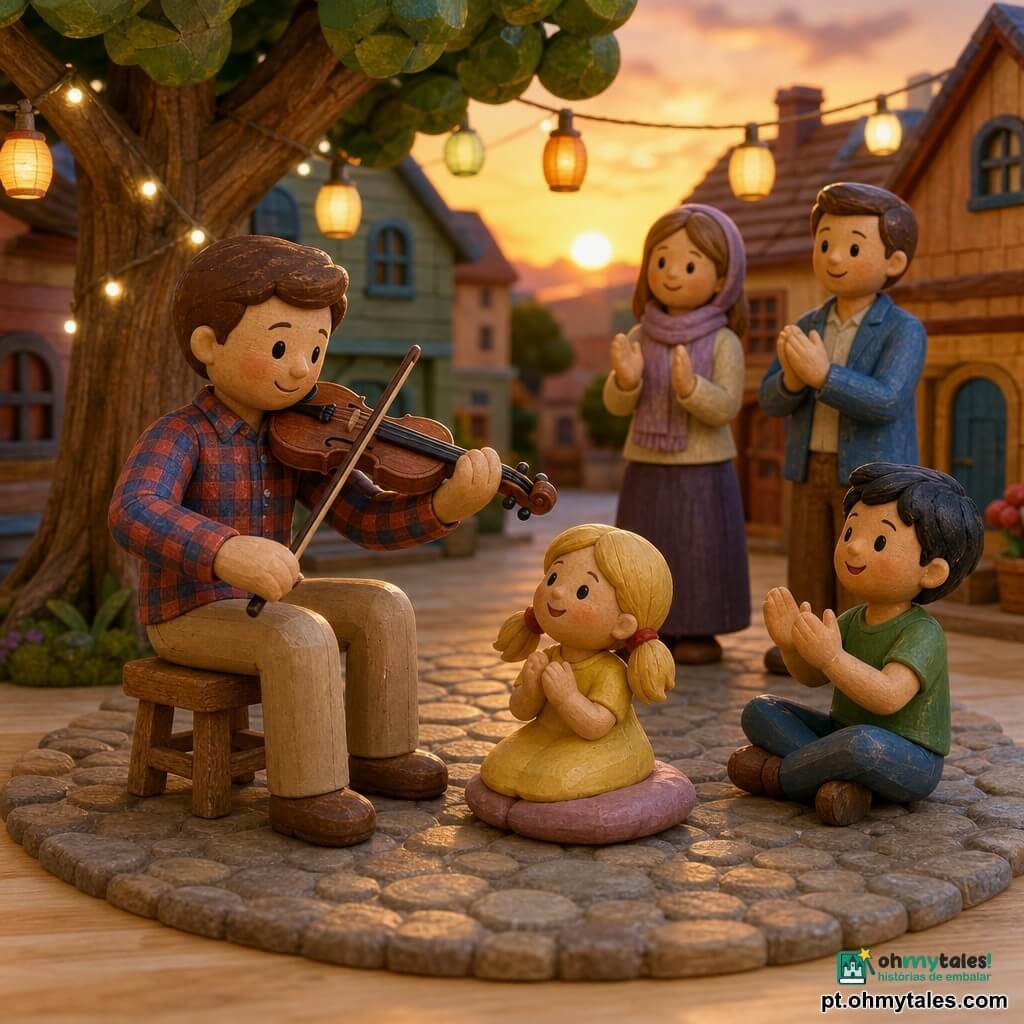 Tomás, homem sorridente e sereno, cabelos castanhos curtos, pele clara, camisa xadrez vermelha e azul e calça bege, sentado num banquinho de madeira tocando um violino pintado, olhar doce; uma menina de 6 anos, cabelos loiros em maria-chiquinha, vestido amarelo, sentada na frente num almofadão com as mãos juntas e rosto maravilhado junto ao pé esquerdo de Tomás; um menino de 8 anos, cabelos pretos e camiseta verde, sentado de pernas cruzadas à direita batendo palmas com entusiasmo; dois adultos ao fundo — mulher de ~30 anos com lenço mauve e homem de ~40 com jaqueta azul — sorrindo e aplaudindo suavemente; praça da aldeia pavimentada com pedras arredondadas, casas de madeira coloridas em tons suaves, lanternas penduradas e uma grande árvore com luzes; pôr do sol com luz dourada, sombras longas, atmosfera quente e tranquila, concerto íntimo ao ar livre com o músico tocando baixinho e o público atento e iluminado.