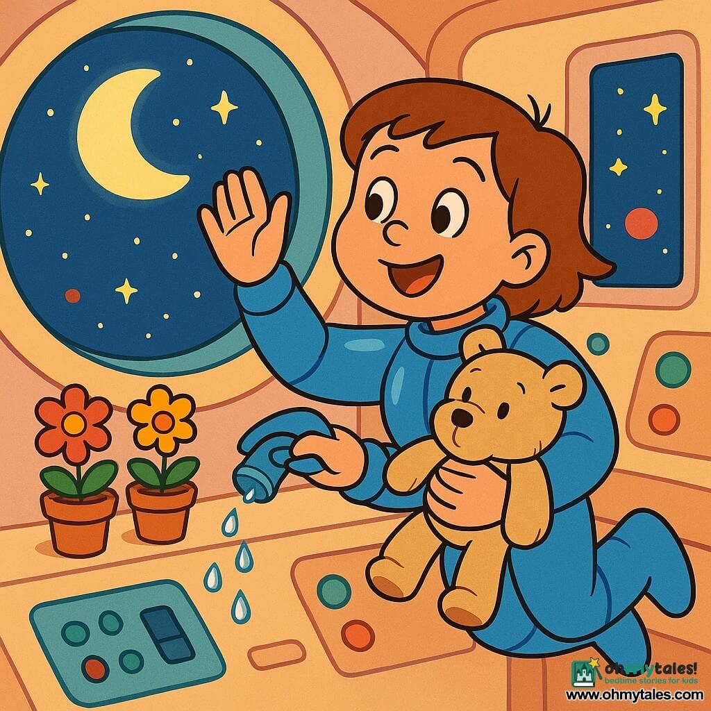 A young joyful woman with a round face and short brown hair wears a shiny blue spacesuit, smiling widely as she floats near a large round window, holding a slightly rumpled beige teddy bear with sewn eyes against her chest; the bear looks toward the window with limp arms. In the background, small potted flowers with red and yellow petals sit on a white dashboard while the woman gently pours water from a small clear bottle, clear drops falling like beads. The interior is a soft, rounded spaceship with pastel walls, red and green round buttons, a simple screen showing twinkling stars, and a large window revealing a starry sky, a bright moon, and a small red planet. The main scene shows her floating and waving at the moon with a radiant, amazed expression, bathed in soft light and warm colors, creating a calm, safe atmosphere.