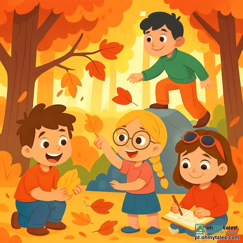 Há 4 crianças: - Lucas: um menino de 8 anos, com cabelos castanhos bagunçados e olhos brilhantes de curiosidade. Ele está agachado, segurando uma folha amarela nas mãos, com um grande sorriso no rosto. - Sofia: uma menina de 8 anos, com longos cabelos loiros trançados e óculos redondos. Ela está em pé ao lado de Lucas, apontando para uma folha vermelha presa a um galho, com um ar entusiasmado. - Miguel: um menino de 9 anos, com cabelos negros e bochechas rosadas, que usa um suéter verde. Ele está subindo em uma pedra, olhando ao redor com um olhar aventureiro. - Clara: uma menina de 8 anos, com cabelos castanhos e óculos de sol na cabeça. Ela está sentada no chão, desenhando em seu caderno com um lápis, cercada por folhas coloridas. O cenário se passa em uma floresta de outono, onde as árvores são majestosas, suas folhas vibrantes de vermelho, laranja e amarelo caem suavemente no chão. O solo está coberto por um tapete de folhas crocantes, e raios de sol penetram através dos galhos, criando uma atmosfera acolhedora e mágica. A situação principal mostra as crianças em plena exploração, maravilhadas com a beleza da natureza. Lucas e Sofia descobrem folhas coloridas, enquanto Miguel escala uma pedra para ver melhor, e Clara desenha com paixão tudo o que observa ao redor.