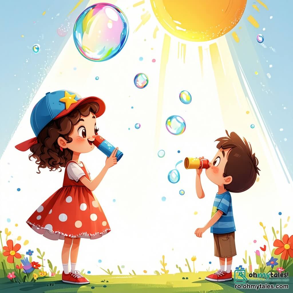 O fată de 12 ani, Clara, se află în centrul imaginii, cu părul castaniu creț și un zâmbet mare pe față, purtând o rochie adorabilă cu buline și o căciulă mică cu o stea galbenă. Ea suflă într-un tub de hârtie, concentrată și plină de entuziasm, în timp ce un imens balon de săpun colorat se formează deasupra ei, strălucind sub soare. La dreapta ei, prietenul său Lucas, un băiat de 11 ani cu ochelari rotunzi și părul blond ciufulit, o încurajează ridicând brațele, cu ochii larg deschiși de surpriză și admirație. El poartă un tricou albastru și o pereche de pantaloni scurți verzi, stând pe vârfuri, ca și cum ar dori să vadă balonul mai de aproape. Fundalul este o frumoasă curte verde, plină de flori colorate și copaci măreți, cu un cer albastru deschis presărat cu câteva nori albi pufoși. În fundal, se zărește un gard vechi din lemn și o mică grădină. Situația principală o arată pe Clara creând un imens balon de săpun, fața ei strălucind de bucurie și determinare, în timp ce vântul începe să ridice balonul, pregătit să zboare în aer.