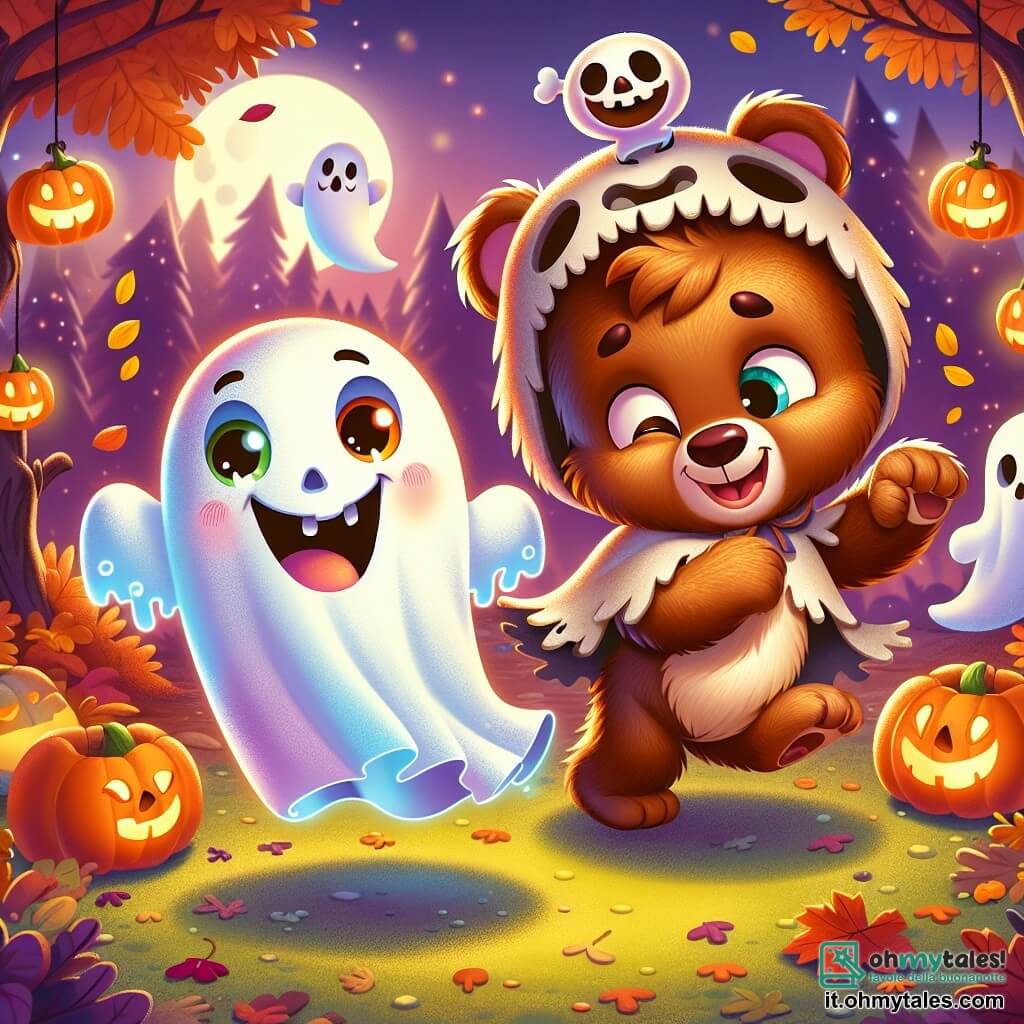 Un piccolo orso bruno di nome Bruno, con un pelo morbido e occhi brillanti di curiosità, balla gioiosamente in una radura illuminata da lanterne a forma di zucca. Indossa un costume da fantasma fatto con una vecchia coperta, con un grande sorriso sul viso, mostrando il suo entusiasmo per Halloween. Accanto a lui, un piccolo fantasma di nome Pippo, traslucido e sorridente, fluttua nell'aria, i suoi occhi brillano di eccitazione. Fa gesti di danza, incoraggiando Bruno a unirsi a lui. Un grande orso bruno di nome Gino, travestito da mostro amichevole con una maschera di teschio, sta un po' indietro, ridendo e tenendo un grande piatto di caramelle colorate, pronto a condividere le sue dolcezze. La scena si svolge in una foresta incantata, dove gli alberi sono adornati di ragnatele scintillanti e foglie dorate. Il suolo è coperto di foglie autunnali, e la luna brilla sopra, aggiungendo un tocco di magia all'atmosfera. Bruno e Pippo ballano insieme, circondati da risate e gioia, mentre Gino li osserva con un sorriso caloroso, creando un'atmosfera festosa e amichevole per celebrare Halloween.