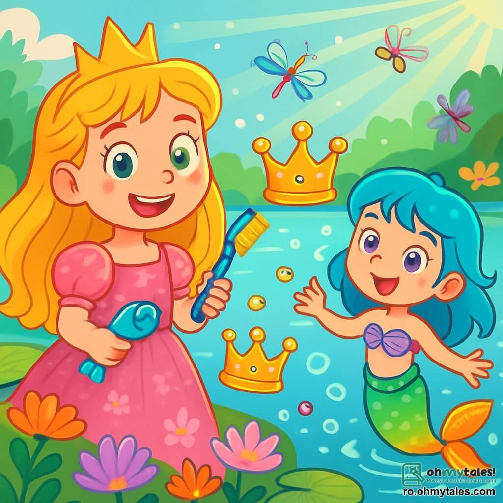 Prințesa Eliza, o fetiță de aproximativ 10 ani, are părul strălucitor de aur și ochii verzi plini de curiozitate. Poartă o rochie roz împodobită cu flori strălucitoare și zâmbește entuziast, ținând o periuță de dinți în formă de pește. Lângă ea, Lulu, o sirenă jucăușă de aproximativ 8 ani, are părul albastru vibrant și ochii violeți strălucitori. Ea înoată vesel în apă, coada ei colorată strălucind sub soare. Decorul este un lac cristalin înconjurat de nuferi uriași și flori colorate, cu raze de soare dansând pe suprafața apei. Sirene și pești colorați înoată în jurul lor, creând o atmosferă veselă și magică. Situația principală arată cum Eliza și Lulu caută coroana pierdută a reginei sirenelor, înconjurate de bule de apă și râsete, în timp ce libelulele dansează în jurul lor într-un spectacol de culori.