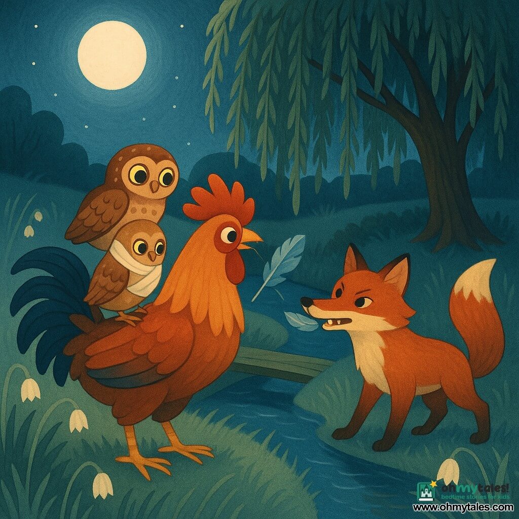 A proud, courageous rooster—determined and worried—with glossy red-orange feathers and a tall scarlet comb, wings slightly open, stands on a grassy bank holding a silver-blue feather in its beak; a small speckled brown owl, Orla, relieved but weak with a bandaged right wing, perches on the rooster’s back watching the feather. A red fox, sly then hesitant, with thick shiny fur and visible teeth, approaches a few steps away under the willow, holding the feather in its teeth or dropping it on the ground. The scene: a moonflower meadow of low silvery grass and white lantern-like flowers beside a narrow stream with a log footbridge and a willow whose branches touch the water, moonlight reflecting on the stream; a gentle nocturnal confrontation as the rooster protects a magical feather while the fox tried to take it, calm but tense in night-blue, silver, and warm red tones.