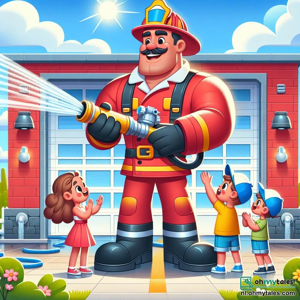 Een grote man, de brandweerman meneer Bram, staat in het midden van de afbeelding, trots glimlachend. Hij draagt een glanzend rode overall, een brandweerhelm en zwarte laarzen. Zijn gespierde armen zijn in de lucht geheven, terwijl hij een grote waterstraal vasthoudt, terwijl een straal water vrolijk om hem heen spettert en een regenboog in het zonlicht creëert. Naast hem kijkt een klein meisje van 7 jaar, in een roze jurk met krullend haar, vol bewondering. Ze houdt een kleine waterstraal vast, imiterend de brandweerman, en glimlacht met sprankelende ogen van opwinding. Een jongen van 8 jaar, met een blauwe pet en een gele t-shirt, staat iets verderop, lachend en klappend, met de armen omhoog als aanmoediging. De scène speelt zich af voor een groot, felrood brandweerkazerne, met witte ramen en een grote open deur. Groene bomen en kleurrijke bloemen omringen het gebouw, en de lucht is helderblauw met enkele donzige witte wolken. De hoofdactie toont meneer Bram die de kinderen laat zien hoe ze een waterstraal moeten gebruiken, wat een sfeer van vreugde en leren creëert, waar teamgeest en samenwerking centraal staan.