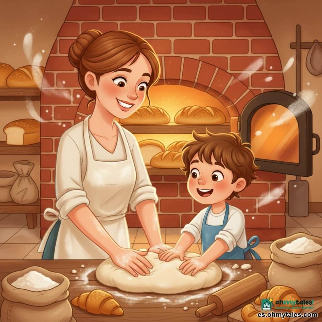 Una panadera sonriente y amable, cabello castaño en moño y delantal crema con harina, amasa una gran masa sobre una tabla de madera; a su lado, Tomás, un niño de unos 7 años con pelo castaño revuelto y pequeño delantal azul, la ayuda con las manos enharinadas y algo de harina en la nariz. Ella está a la izquierda detrás del mostrador de madera y él a la derecha, ligeramente adelantado, mirando la masa. Al fondo un horno de ladrillo abierto emite luz naranja y muestra panes dorados en estantes; el mostrador tiene sacos de harina abiertos, un rodillo y croissants. Nubes de harina flotan en el aire y hay pequeñas manchas en el suelo; la escena es acogedora, con colores cálidos y gestos de complicidad mientras amasan juntos.