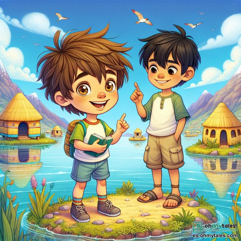 Un niño de 10 años, Matías, con cabello castaño desordenado y ojos brillantes de curiosidad, está en una isla flotante del lago Titicaca. Lleva una camiseta colorida y un short, sosteniendo un pequeño cuaderno en una mano y señalando una casa de totora con la otra. Su rostro expresa asombro y emoción. A su lado, Iñaki, otro niño de 10 años, con cabello negro y ojos oscuros, sonríe mientras sostiene una caña de pescar. Viste pantalones de tela y una camiseta sencilla, mostrando una actitud amigable. Ambos están al borde del agua, rodeados de plantas acuáticas. El paisaje es encantador: el lago brilla bajo el sol, montañas majestuosas se alzan en el horizonte y las islas flotantes coloridas están salpicadas de casas tradicionales. La escena muestra a Matías e Iñaki explorando juntos la isla, Matías maravillándose de la belleza de su entorno mientras Iñaki le explica las tradiciones de su pueblo.