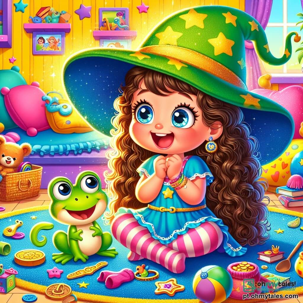 Uma menina de 4 anos, chamada Florinha, com longos cabelos cacheados e olhos brilhantes de travessura, usa um grande chapéu de dragão verde que quase cobre seus olhos. Ela está sentada no chão, cercada por seus tesouros, com um grande sorriso no rosto. Ao lado dela, um pequeno sapo azul chamado Zico, com olhos redondos e expressivos, pula de alegria, com as patas para cima, admirando os tesouros. A cena acontece em uma sala de estar colorida, com paredes amarelas, um tapete mágico com padrões de estrelas e almofadas macias espalhadas. Brinquedos e livros estão espalhados pelo chão, criando uma atmosfera divertida e acolhedora. Florinha e Zico estão em uma missão de caça ao tesouro, cercados por descobertas divertidas como um botão azul brilhante, uma meia velha e uma colher de madeira reluzente, rindo juntos e criando um clima de alegria e aventura.