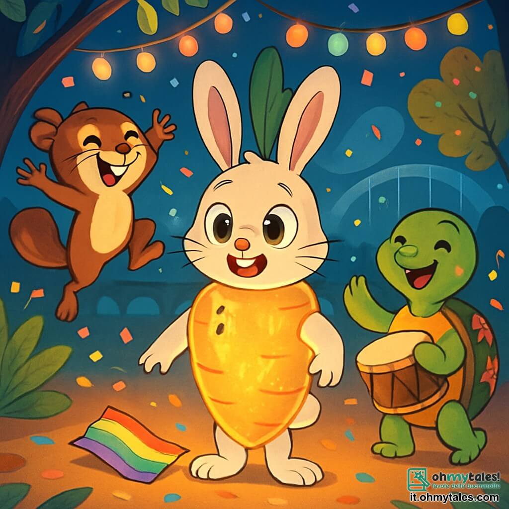 Tobia, un coniglio dal pelo bianco, con grandi occhi curiosi e un sorriso luminoso, si trova al centro della scena, indossando un costume di carota-palloncino che brilla. È eccitato e un po' nervoso, guardando intorno con meraviglia. Alla sua destra, Lulu, una tartaruga danzante con una carapace verde decorata con fiori colorati, danza felice, battendo il tempo con un tamburo di legno. A sinistra, Gedeone, un ghiro acrobata con pelliccia marrone, salta in aria facendo una pirouette, il suo volto è radioso. Lo scenario è un festival di carnevale con alberi scintillanti, luci multicolori e coriandoli nell'aria. Sullo sfondo si intravede il Ponte della Luna, illuminato da una luce argentea. La scena principale mostra Tobia e i suoi amici che scoprono un misterioso biglietto arcobaleno, con espressioni di eccitazione e curiosità, pronti per un'avventura alla ricerca di un tesoro segreto.