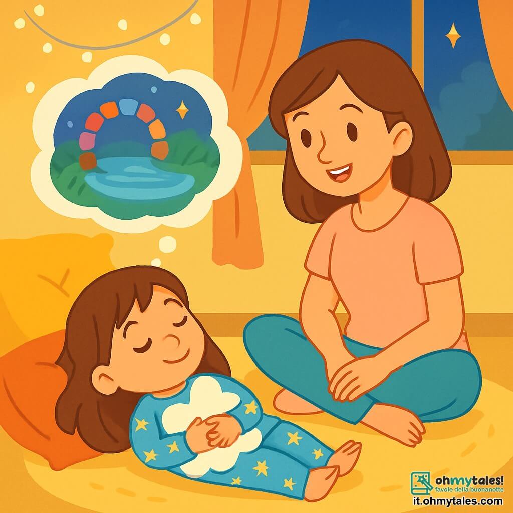 Una bambina di 4 anni, con lunghi capelli castani e occhi scintillanti di curiosità, è sdraiata su un tappeto morbido, con un sorriso sereno sul viso. Indossa un pigiama azzurro chiaro decorato con stelle dorate e tiene un peluche a forma di nuvola tra le braccia. Accanto a lei, la mamma, una donna di circa trent'anni con capelli castani e un dolce sorriso, è seduta a gambe incrociate, con le mani sulle ginocchia, e le racconta una storia. Indossa una maglietta pastello e pantaloni comodi, guardando la figlia con tenerezza. La scena si svolge in una camera accogliente, con pareti dipinte di colori tenui, cuscini morbidi e luci decorative che brillano dolcemente. Una finestra lascia entrare una luce soffusa, creando un'atmosfera rilassante. La bambina ascolta attentamente la mamma, con gli occhi chiusi, immaginando sogni colorati, mentre la mamma le parla di un cerchio di pietre magiche e di uno specchio d'acqua scintillante, avvolgendola in un cocoon di dolcezza e serenità.